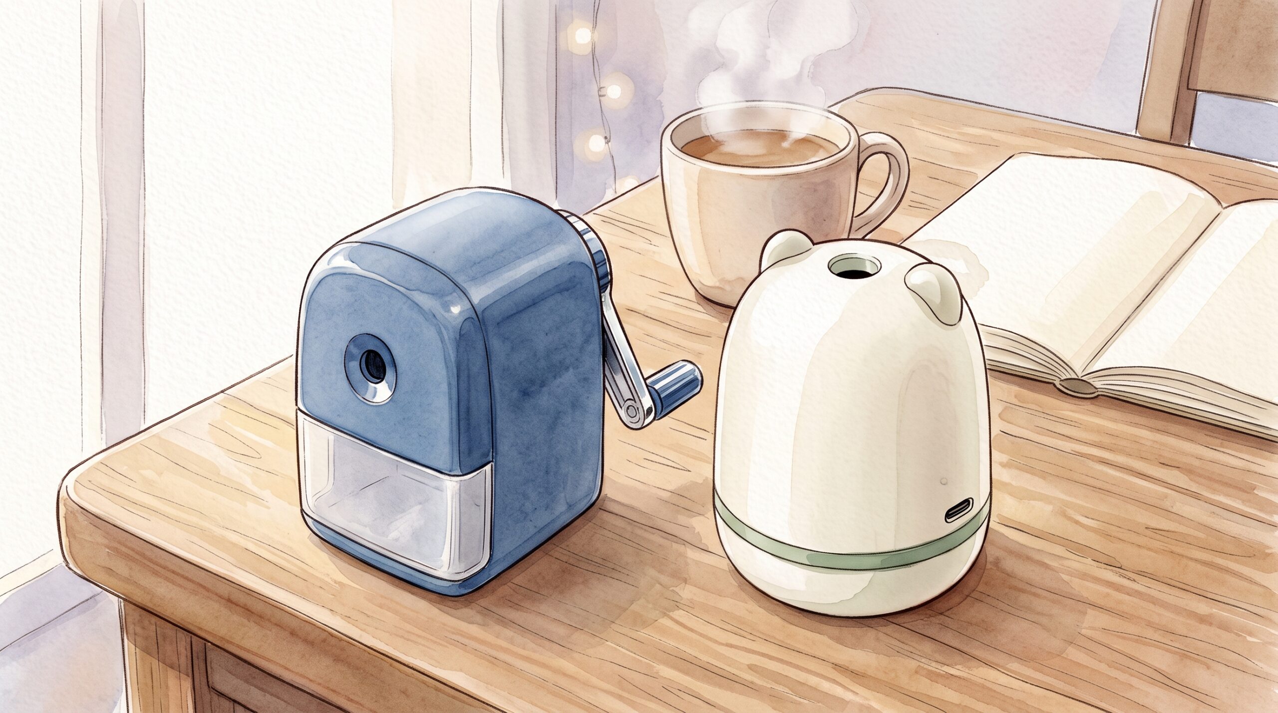 カフェ風の机に並べて置かれた、手動タイプと電動タイプの鉛筆削り2台