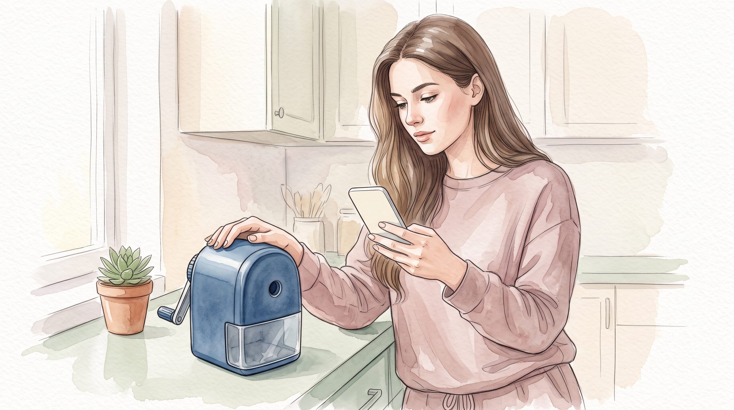 キッチンカウンターの鉛筆削りに片手を添え、スマートフォンを見ながら思案する女性