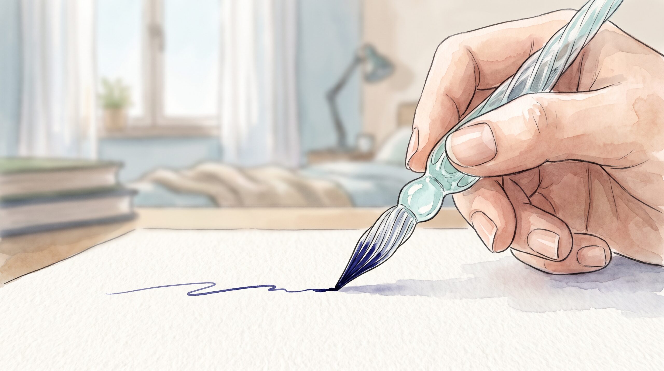 少し寝かせて持った透明なガラスペンのペン先が、紙の表面に触れている手元の拡大