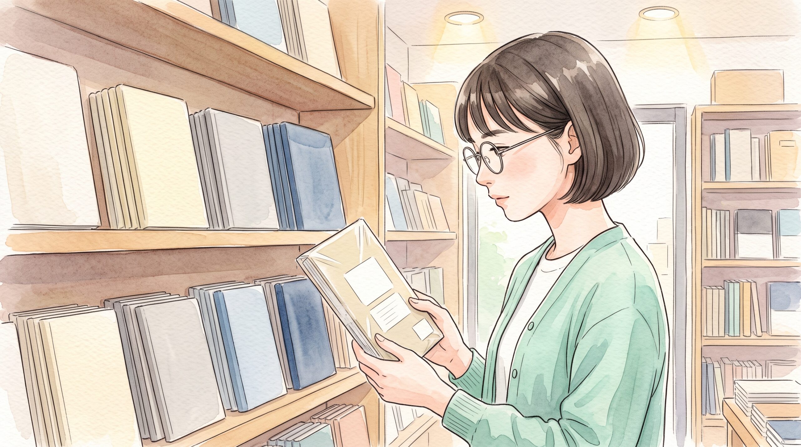 文具店のノート売り場で、ノートのパッケージを手に取って表示を確かめている女性の横顔