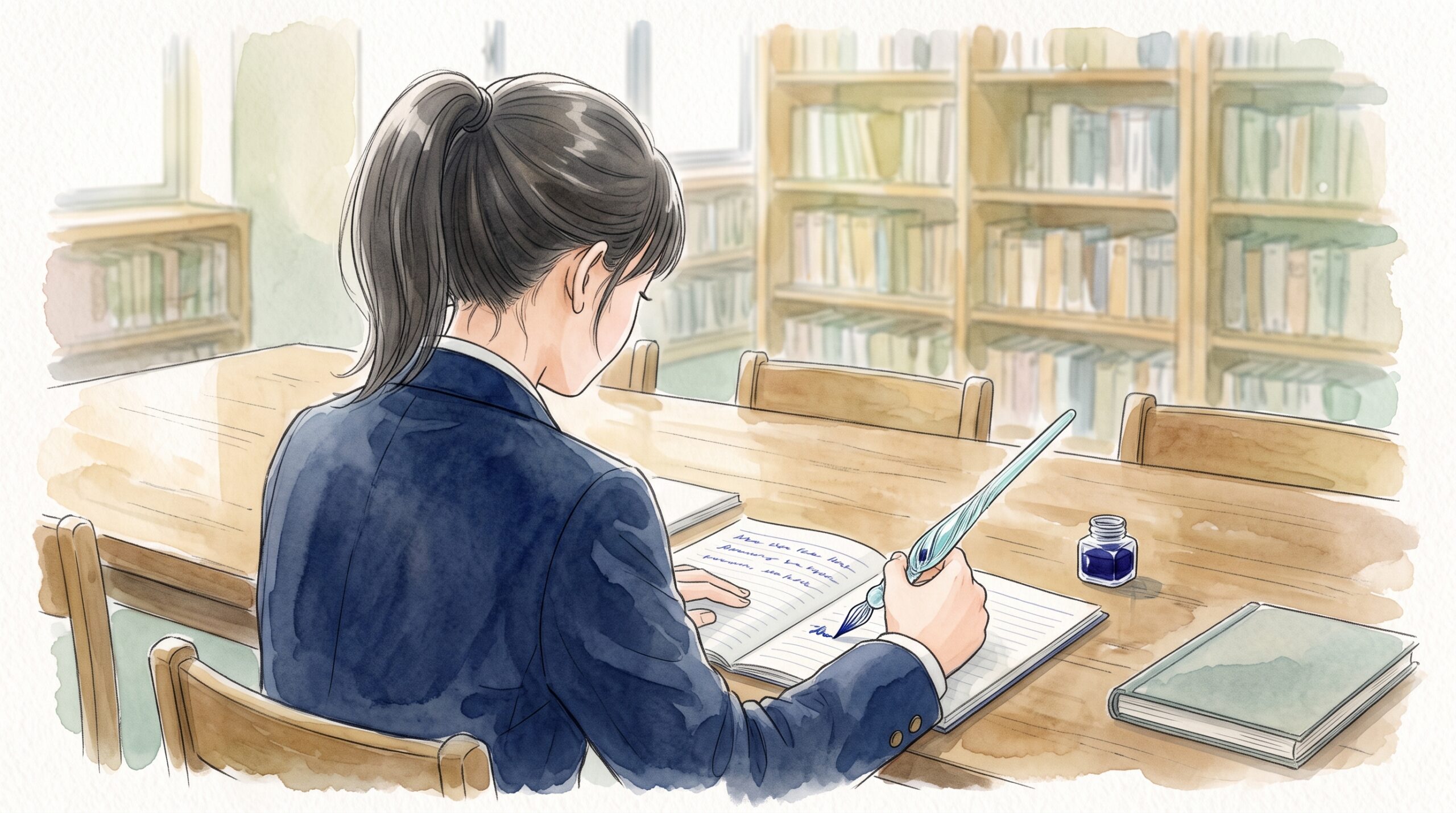 図書館の机で、開いたノートにガラスペンで書き込んでいる学生を肩越しに見た様子