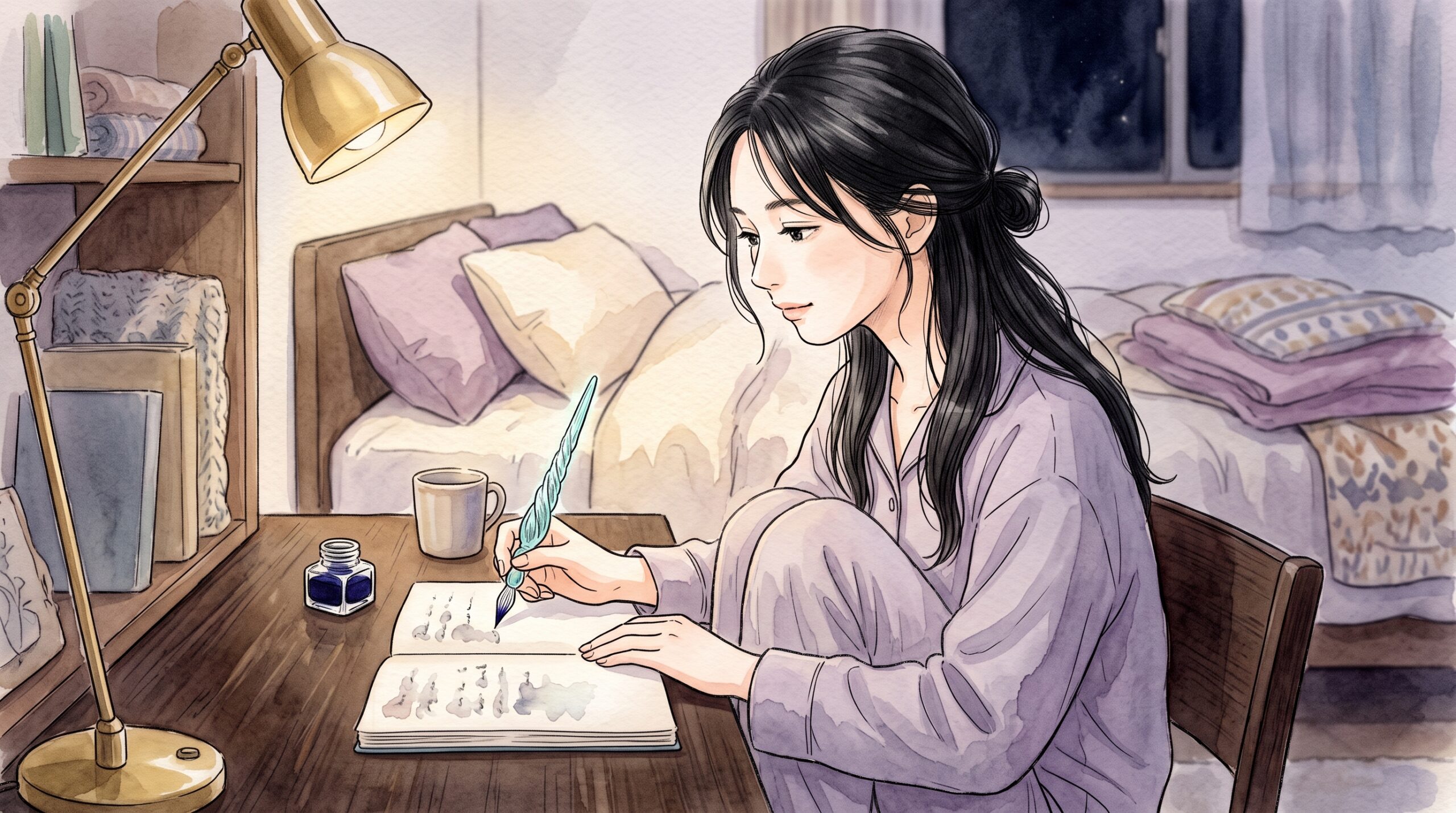 夜の部屋でスタンドライトの明かりのもと、薄い紙の日記帳にガラスペンで書いている女性