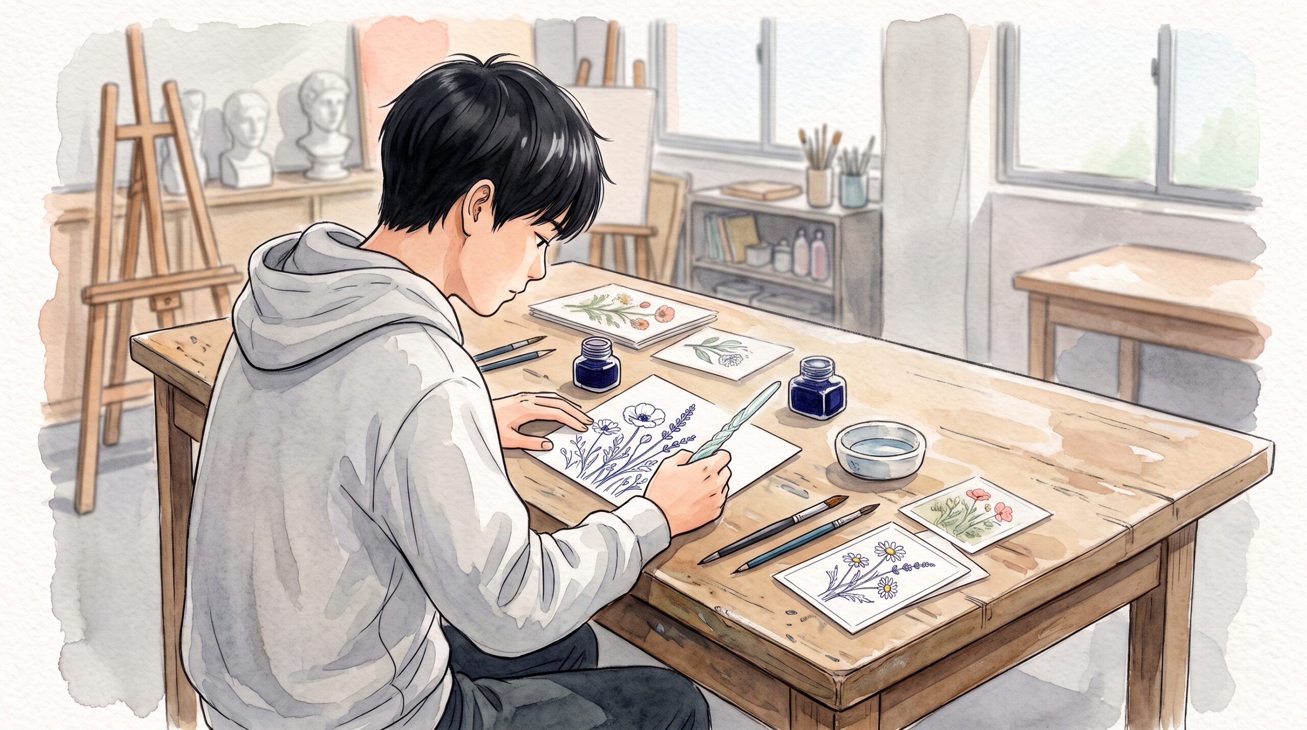 美術室の机で、はがきサイズの白い紙にガラスペンで草花の線画を描いている学生の手元と横顔