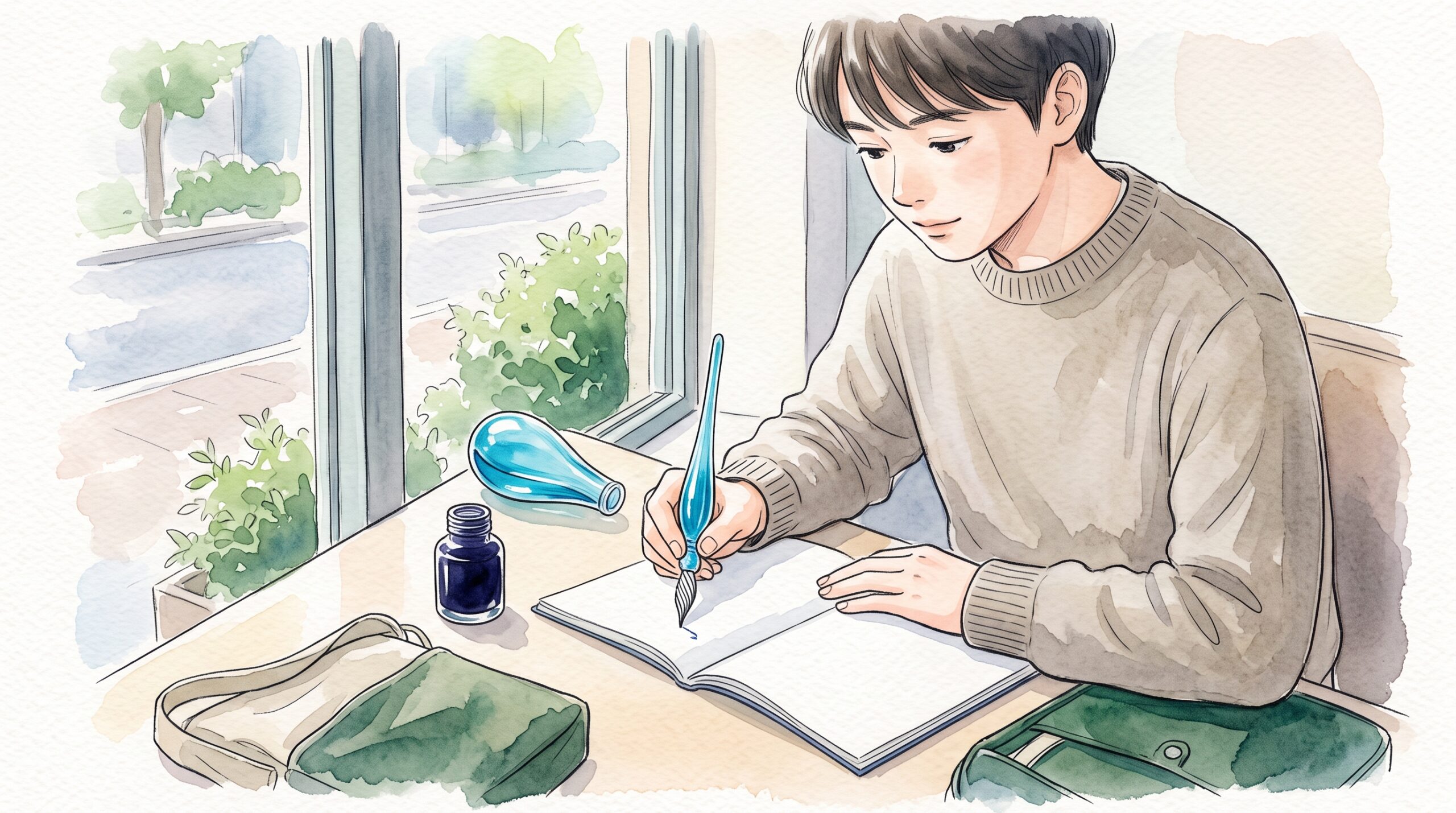 カフェの窓際でノートに試し書きをする学生と、水色のガラスペン