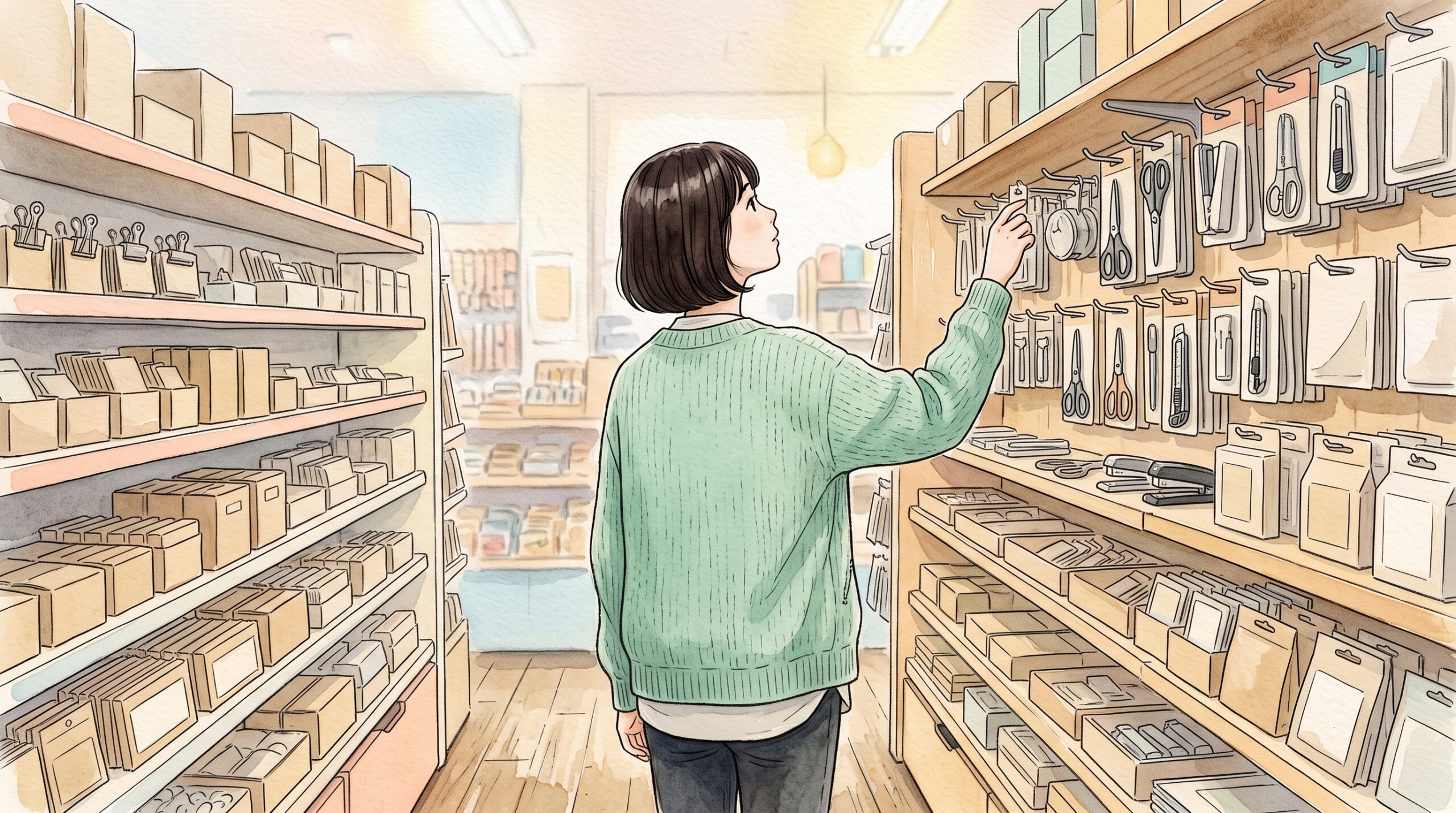 生活雑貨店の文房具の棚の前で、商品を探している女性の後ろ姿