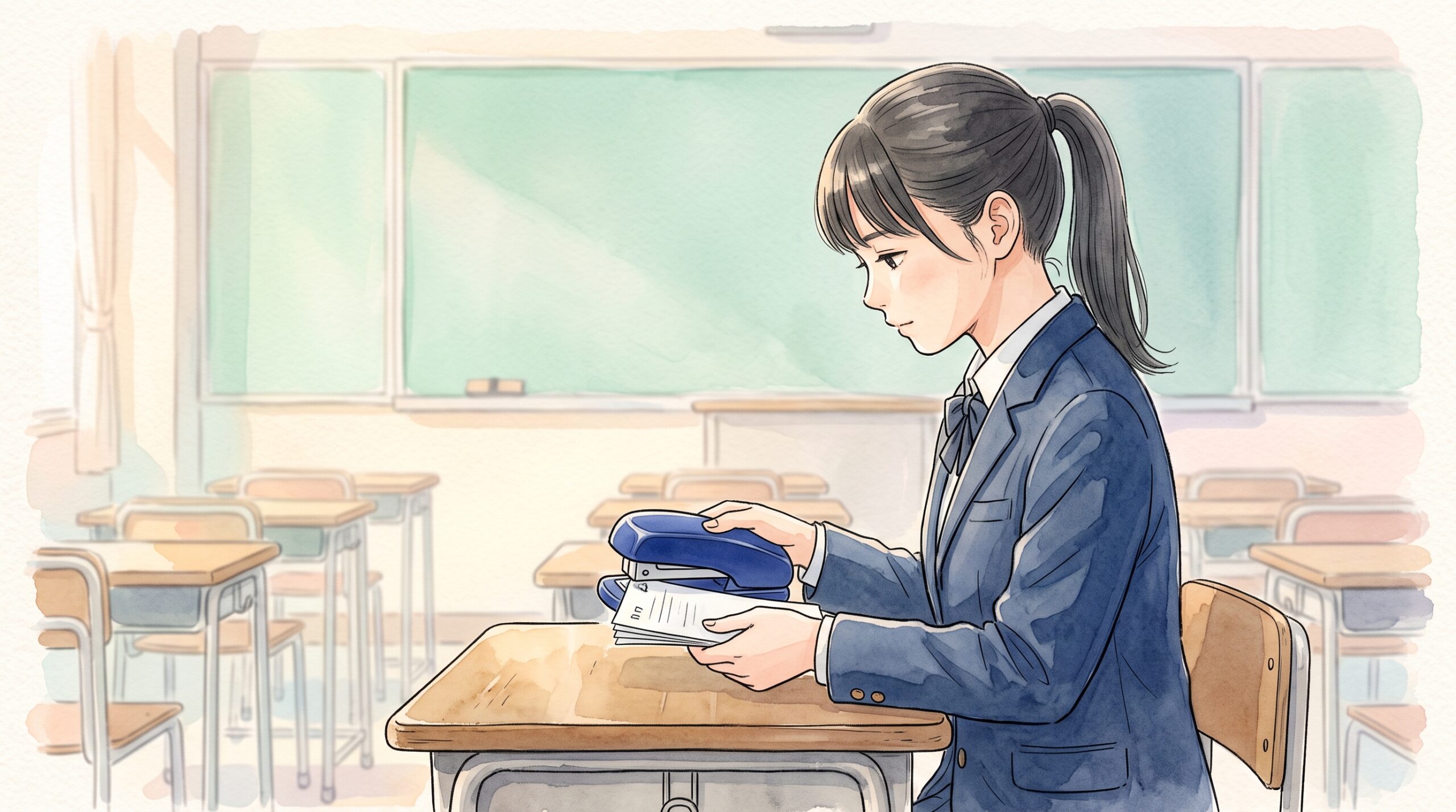 放課後の教室の机で、数枚のプリントを小さな針なしホッチキスでまとめる学生
