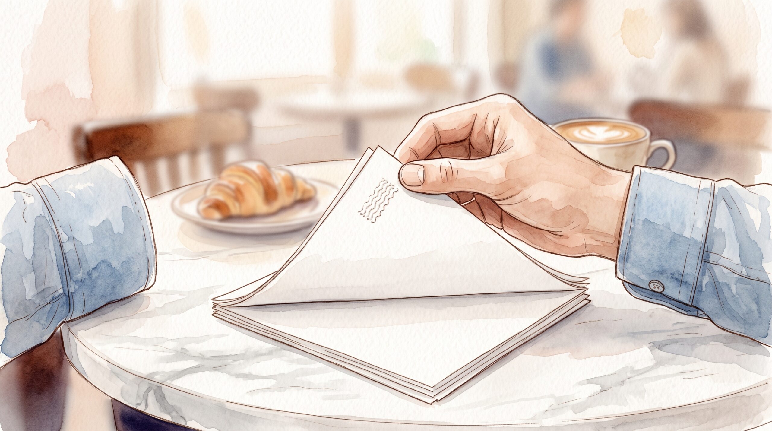 カフェのテーブルで、穴をあけずに押し跡だけでとまった紙の角を指でつまむ手元