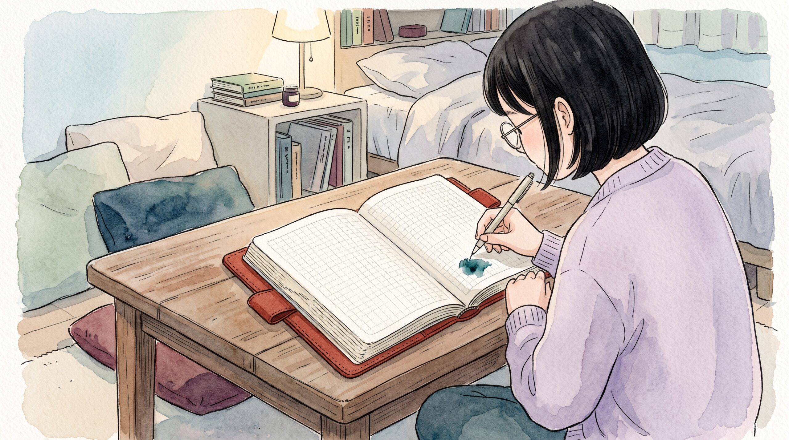 自室のローテーブルで、手帳の最後のページに小さく試し書きをして下敷きを挟む女性