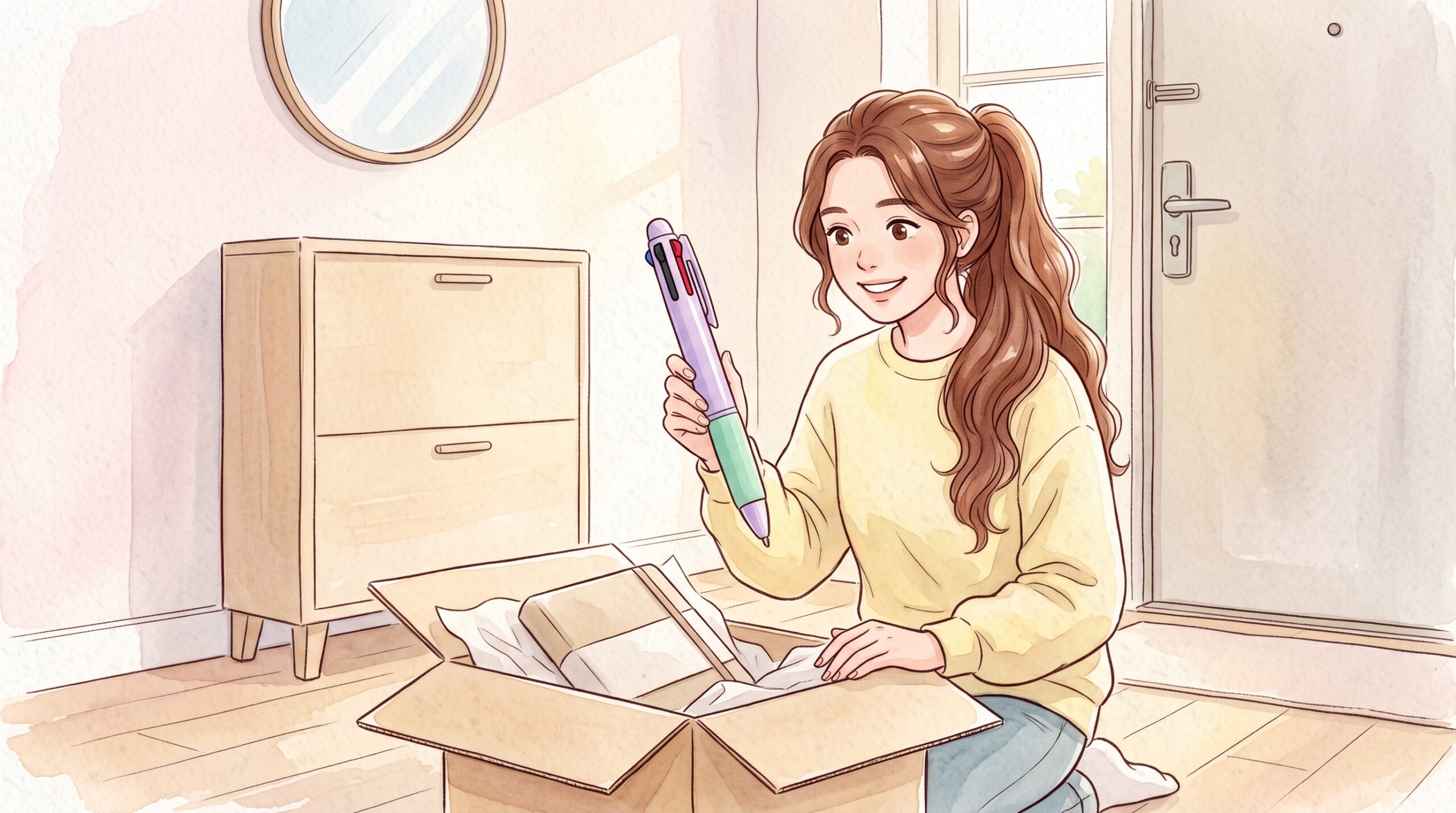 玄関で届いた箱を開け、手帳と一緒に入っていた薄紫の3色ボールペンを手に取る女性