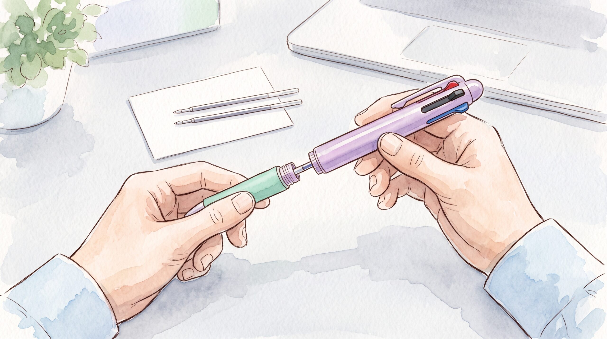 オフィスの机で薄紫の3色ボールペンを分解し、細い替え芯を差し込んでいる手元