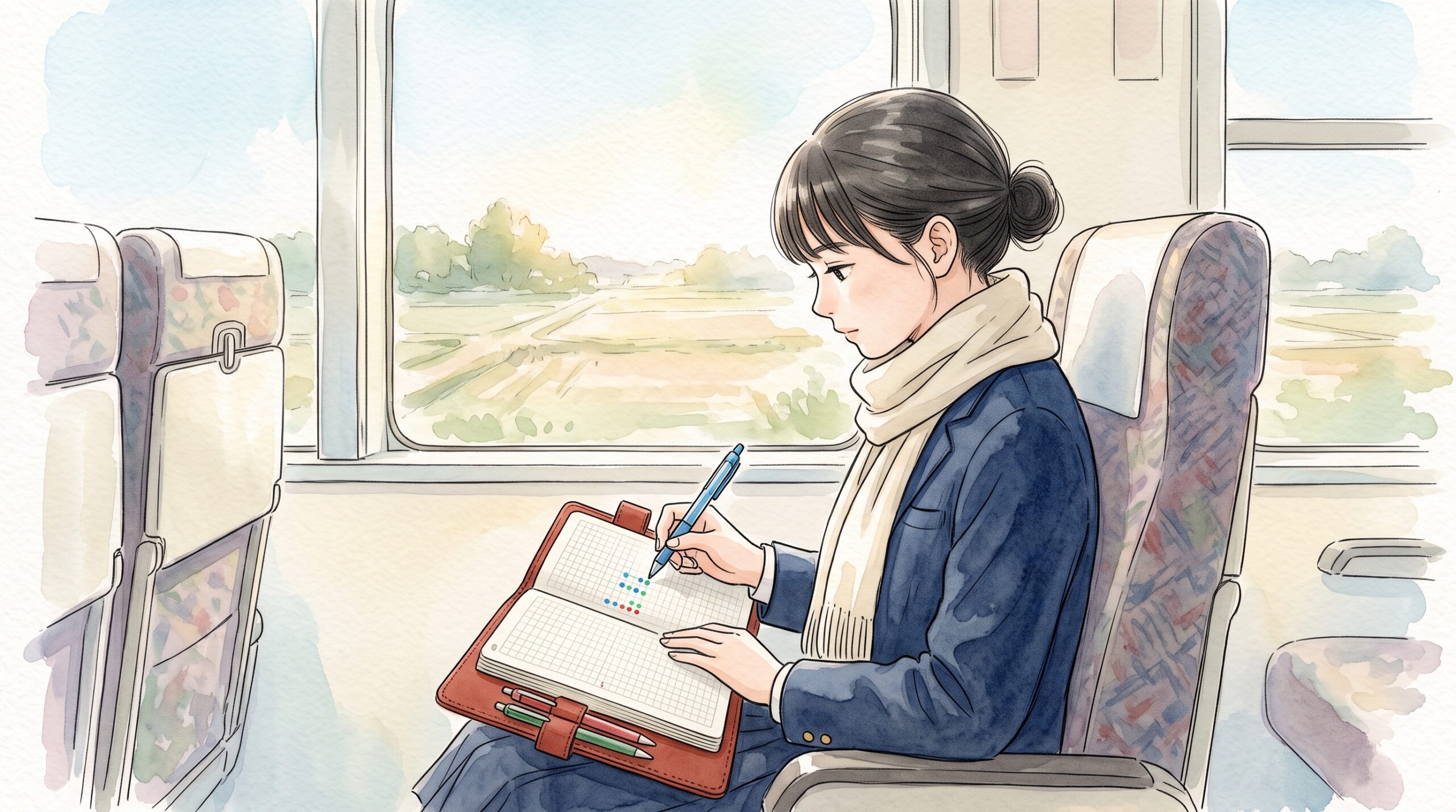 電車の座席で膝の上に手帳を広げ、青や緑の細いペンで小さな印を付けている学生