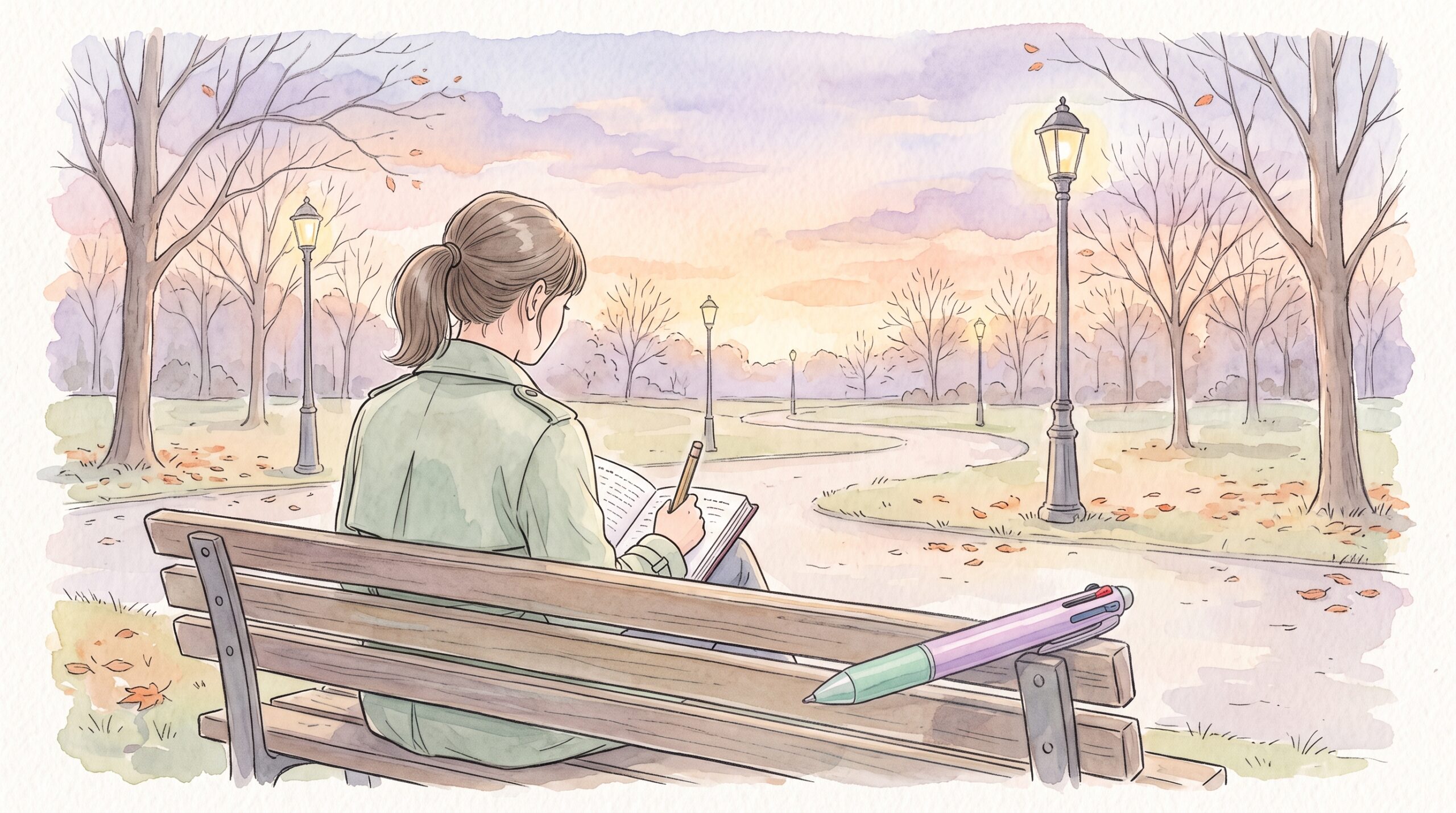 夕暮れの公園のベンチで手帳を開いて書く女性の後ろ姿と、ベンチに置かれた薄紫の3色ボールペン