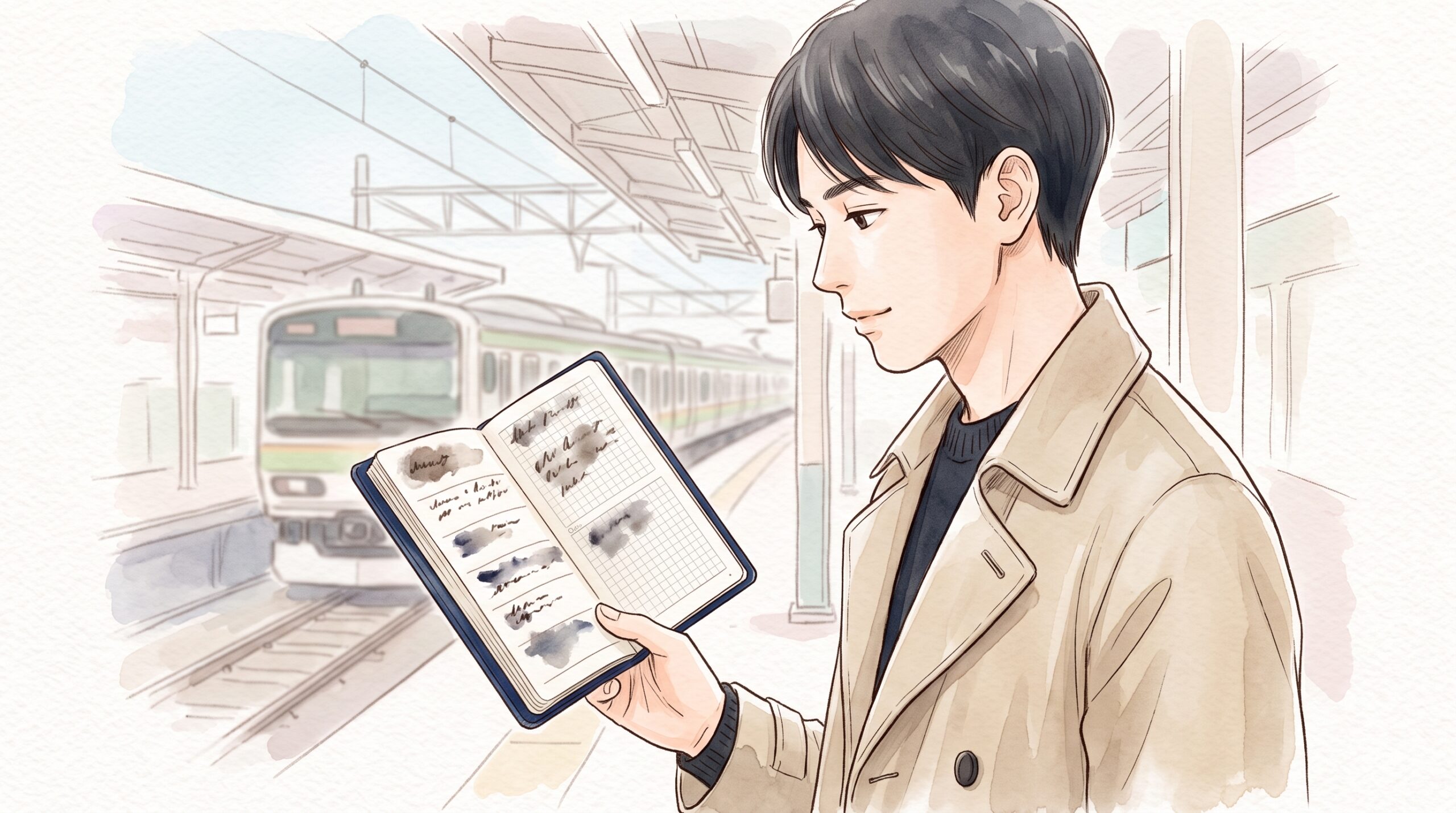 駅のホームで細長い週間手帳を片手で開き、1週間の予定を確認するトレンチコートの男性