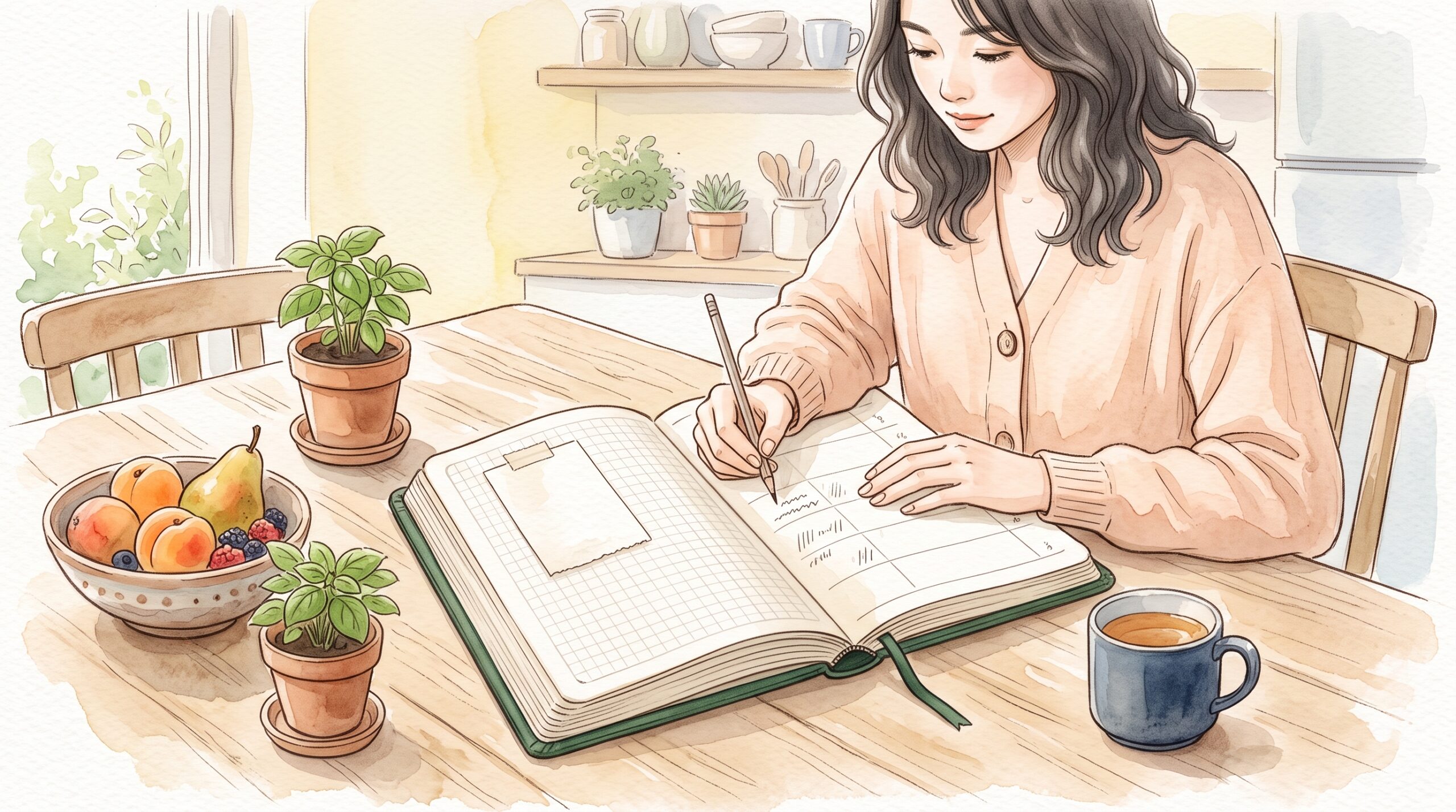 ダイニングテーブルでA5の手帳を開き、週間ページに予定を書き、1日ページにレシートを貼る女性