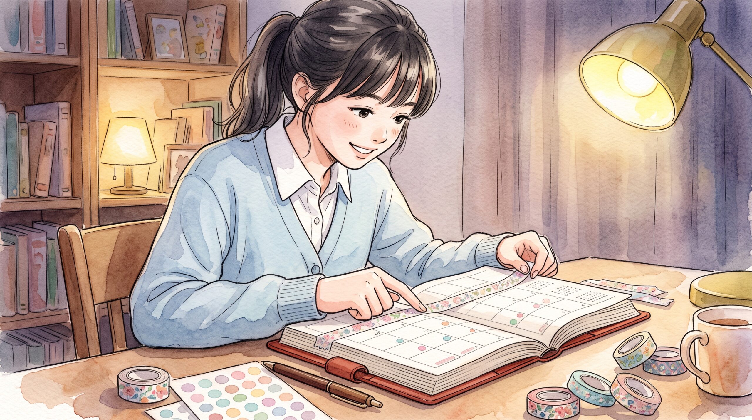 自室の机で、手帳の月間カレンダーのページにマスキングテープと丸いシールを貼って飾る学生