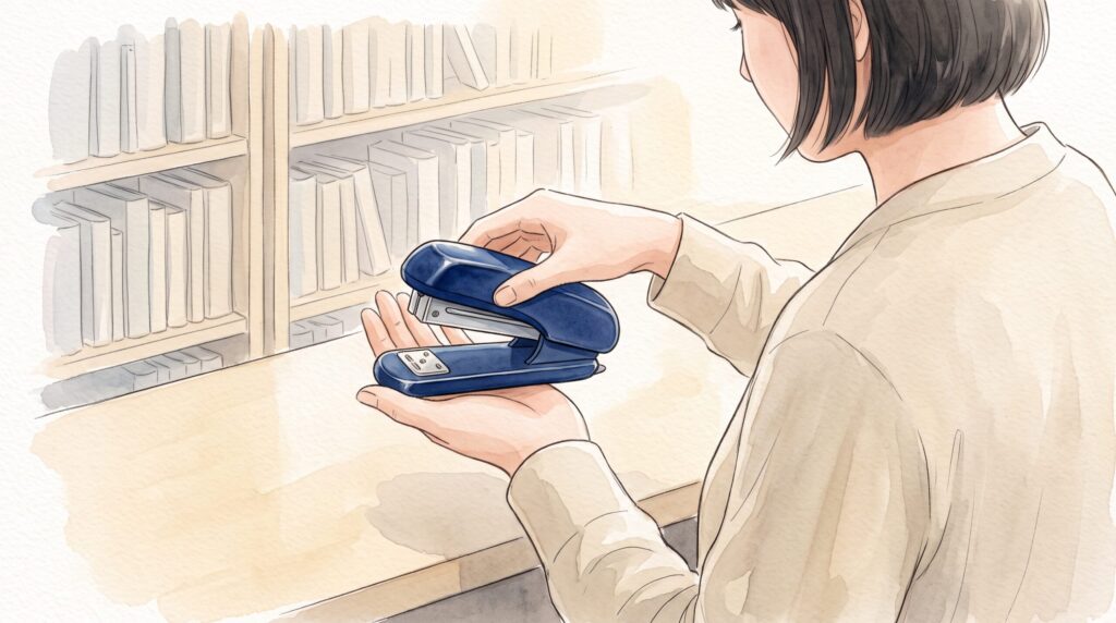図書室のカウンターで、両手を使って濃紺の小型ホッチキスの針ケースを開いている女性