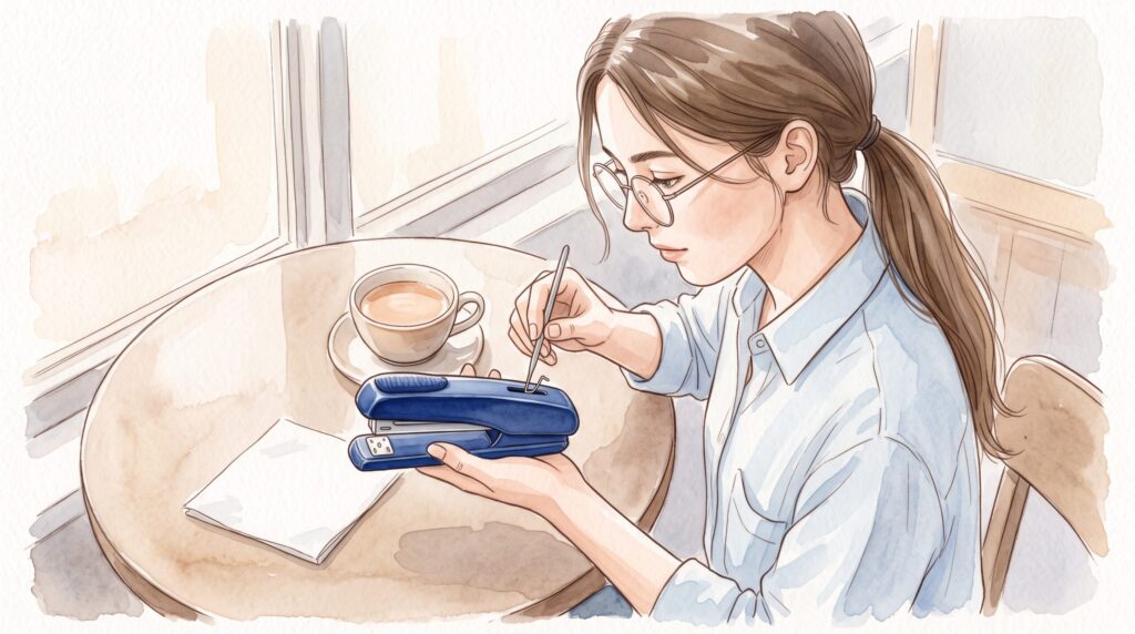 カフェのテーブルで、細い道具を使ってホッチキスの打ち出し口から曲がった針を取り除く女性