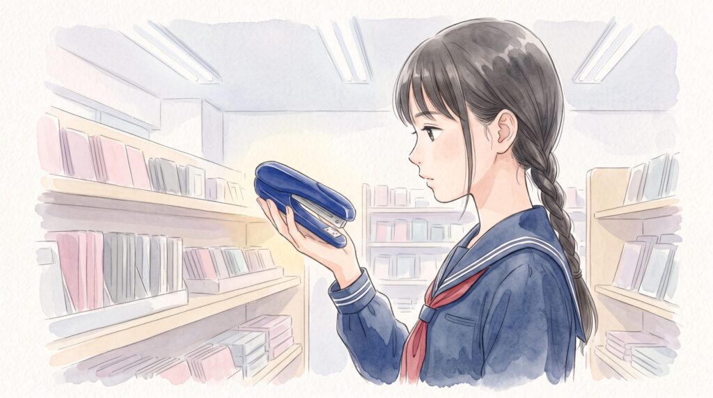 文具店の棚の前で、小型ホッチキスを手のひらに載せて表示を確かめている三つ編みの女子学生