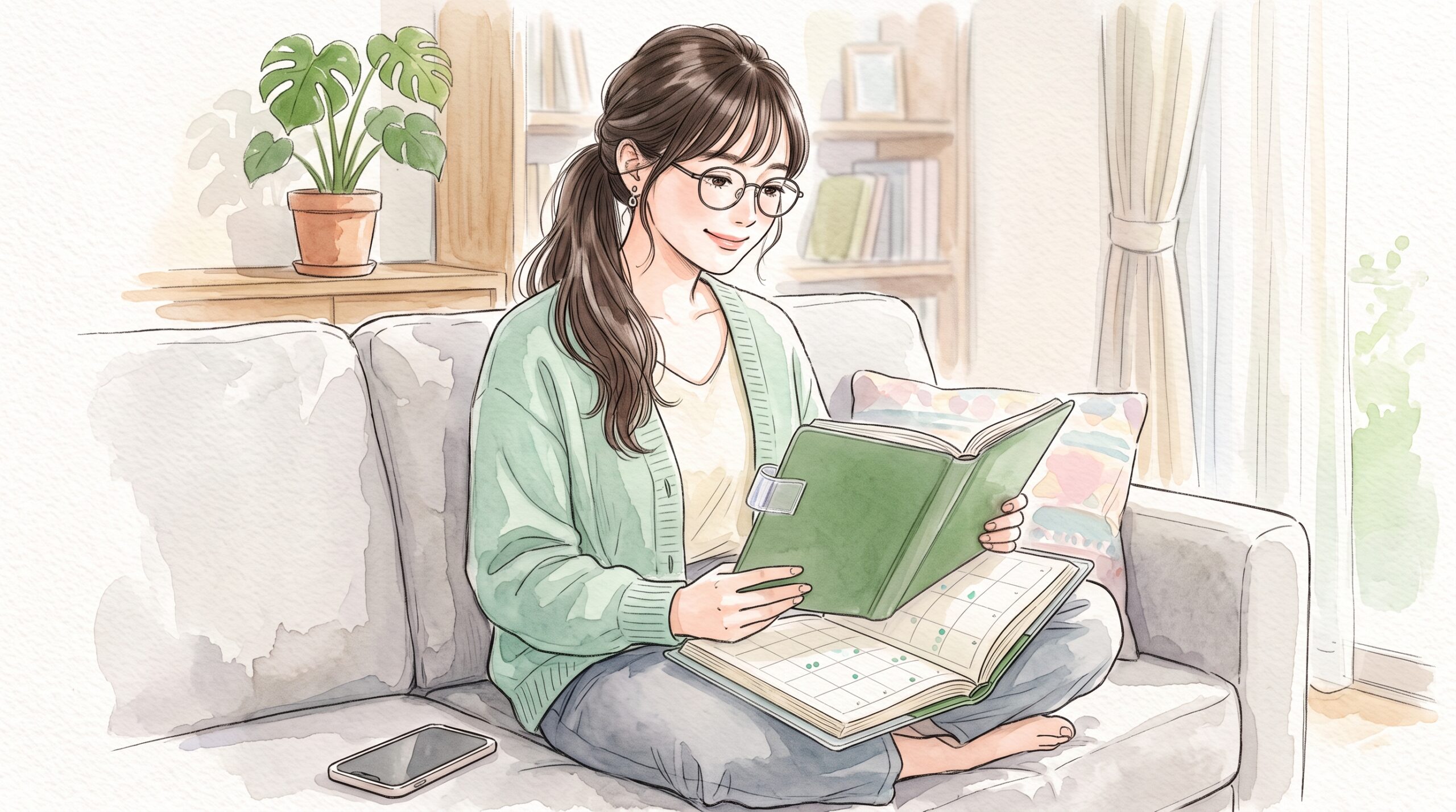リビングのソファで、緑色の手帳の月間ページに小さな印をいくつか付ける眼鏡の女性