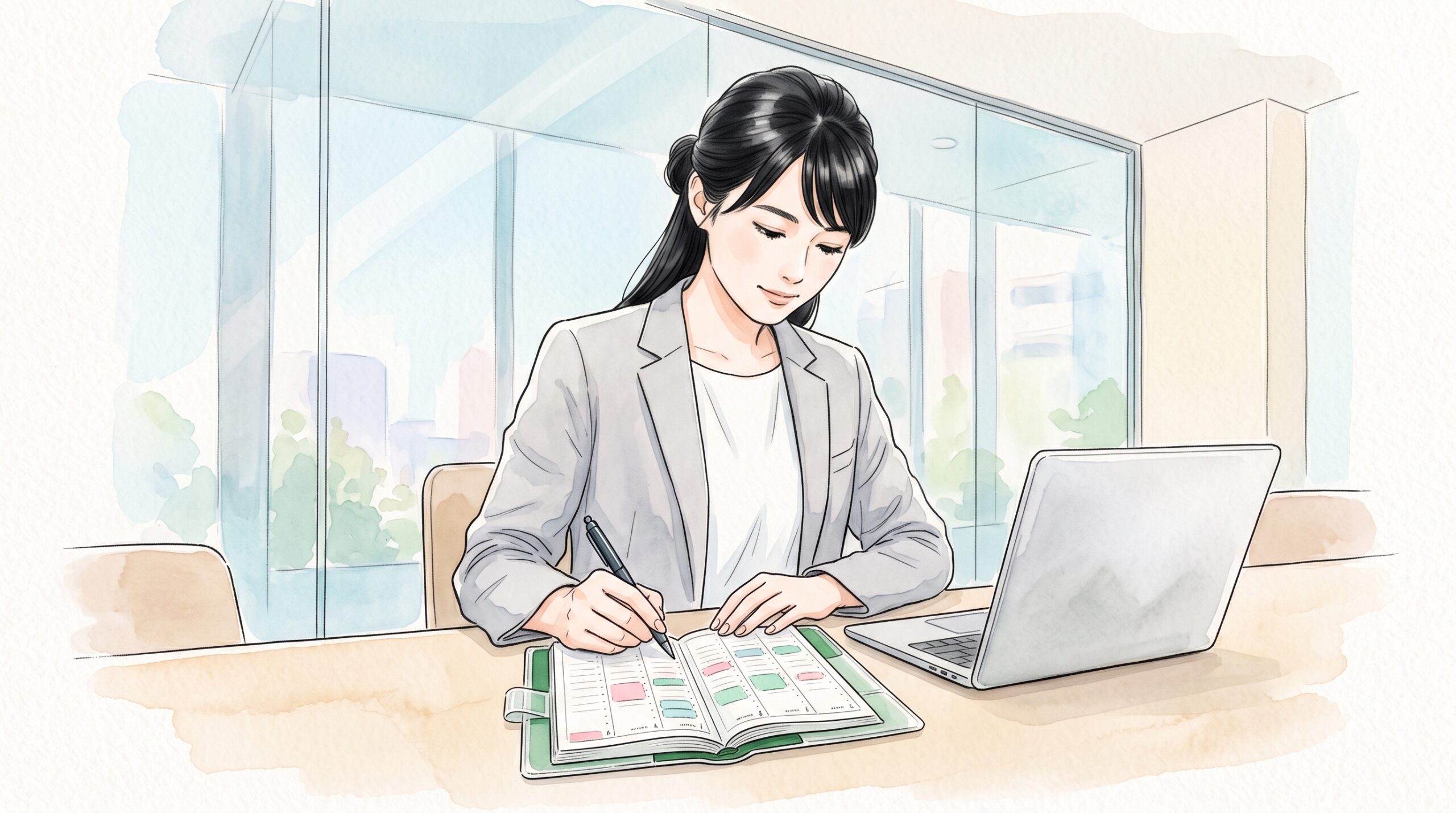会議室でノートパソコンの横に緑色の手帳を開き、時間の列に予定を書き込むジャケット姿の女性