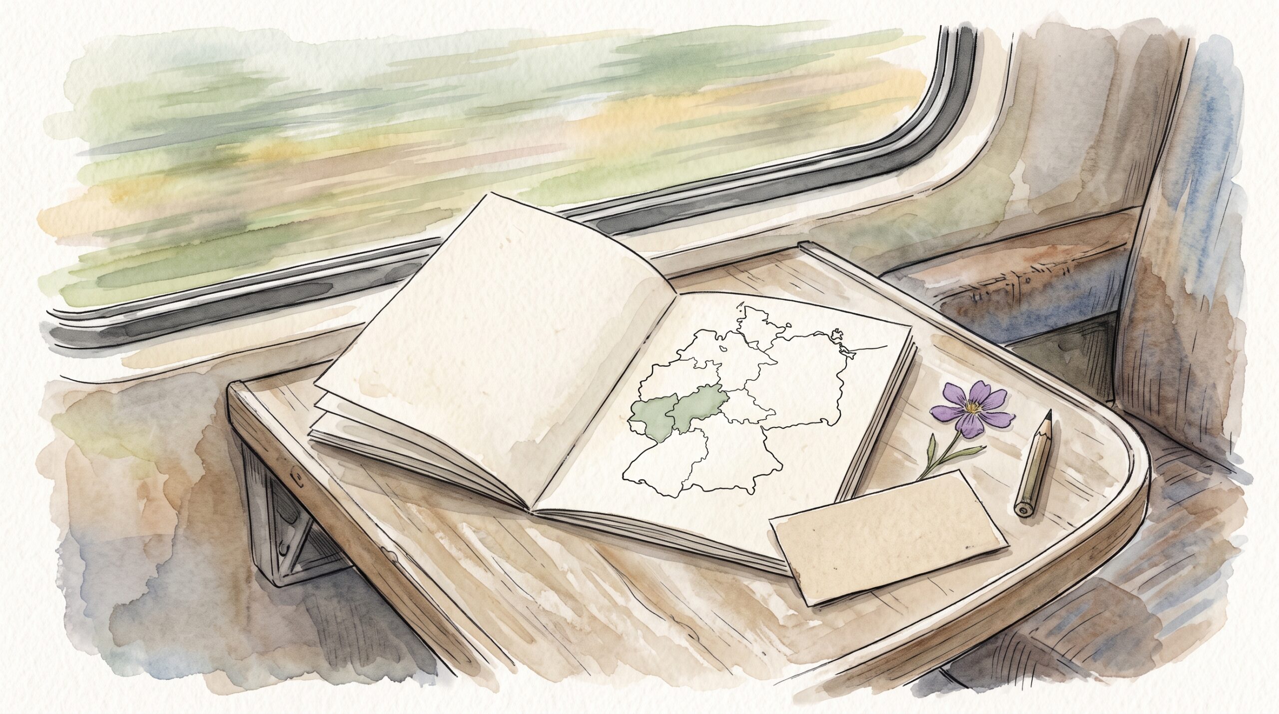 電車の窓際の小さなテーブルで開いた薄い冊子。地図の線画に1か所だけ色が付き、横に切符と押し花がある