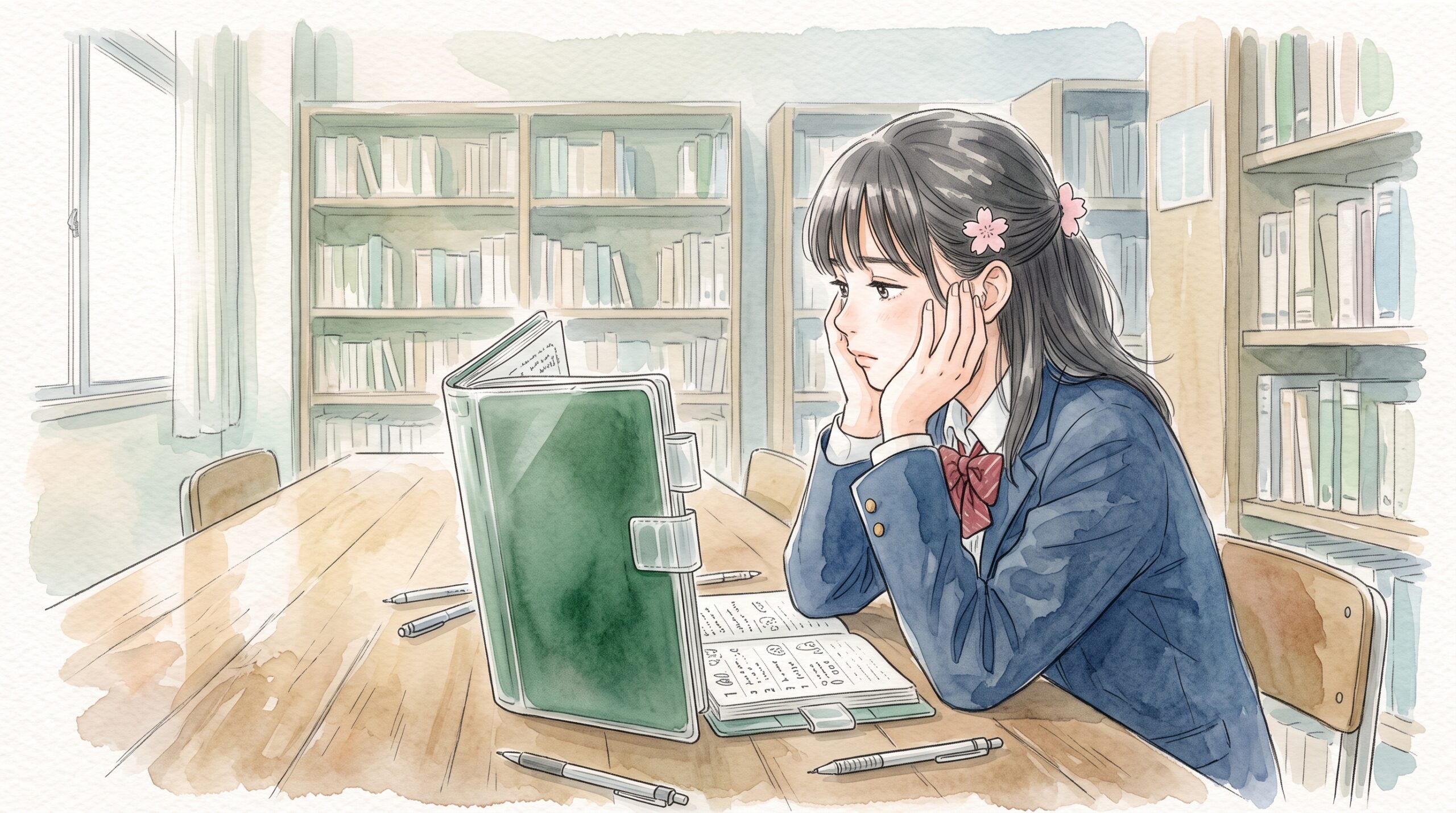 図書室の机で頬杖をつき、書き込みの多い緑色の手帳を疲れた表情で見つめる制服の学生