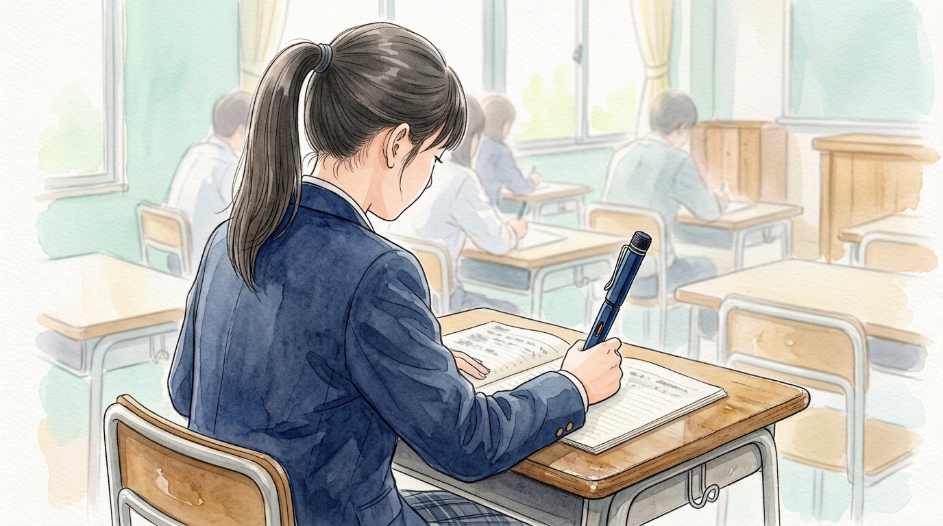 教室の机で、深い紺色のシャープペンを立てて持ち、ノートに短い線を書いている女子学生の肩越しの様子