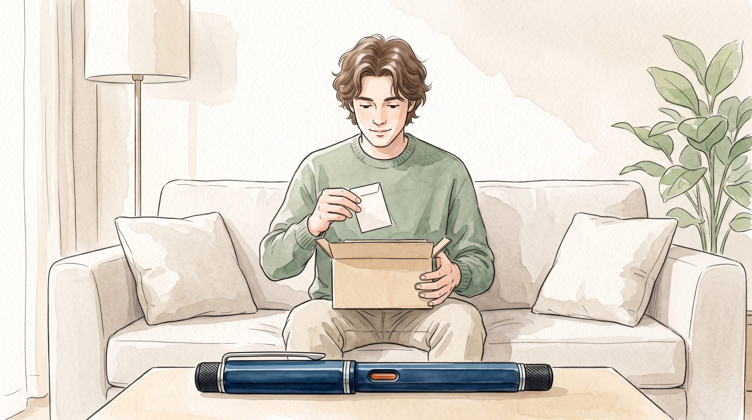リビングのソファで小さな小包を開け、部品の入った無地の小袋を手にする男性と、テーブルの深い紺色のシャープペン