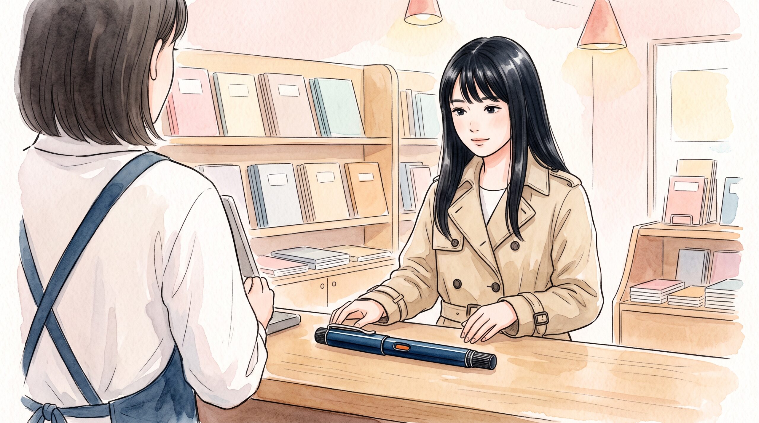 文房具店のカウンター越しに、深い紺色のシャープペンを差し出して店員に相談する女性