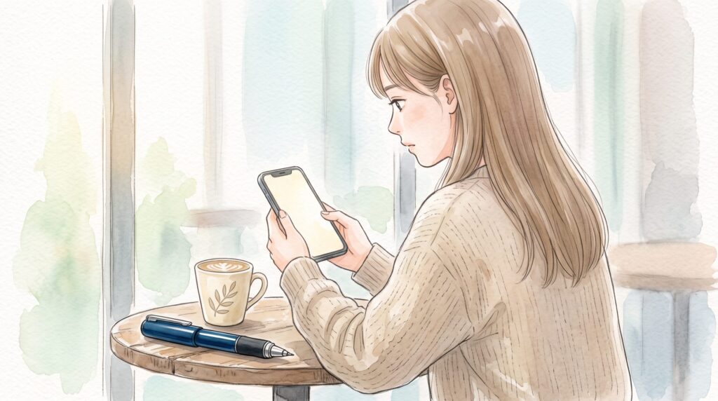 カフェの窓際でスマートフォンを見つめる女性の後ろ姿と、テーブルに置かれた深い紺色のシャープペン
