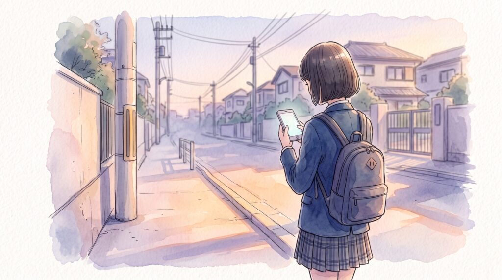夕暮れの通学路でスマートフォンを確認する女子学生の後ろ姿