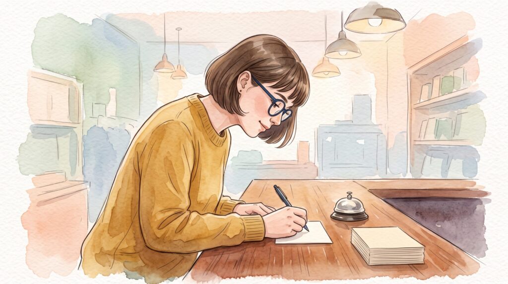 文具店のカウンターで応募カードに記入する女性の横顔