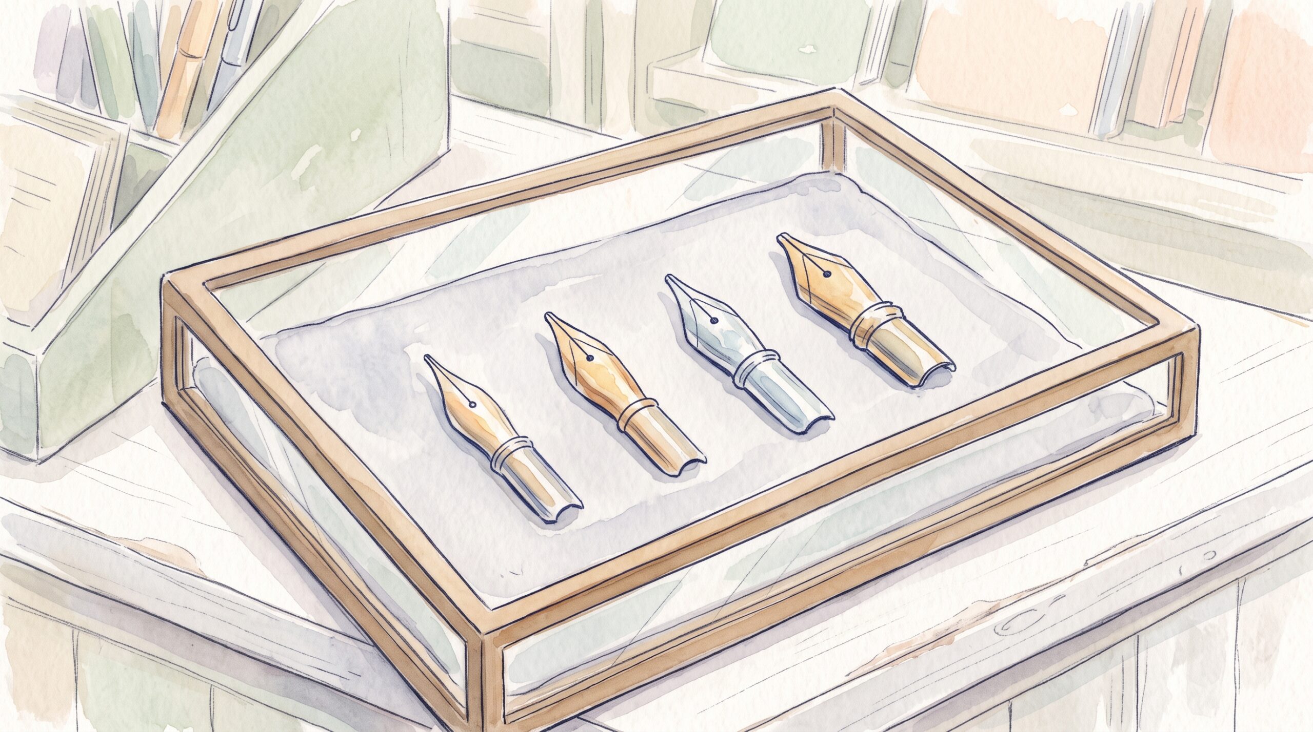 太さの異なる万年筆のペン先を並べて比較したイラスト