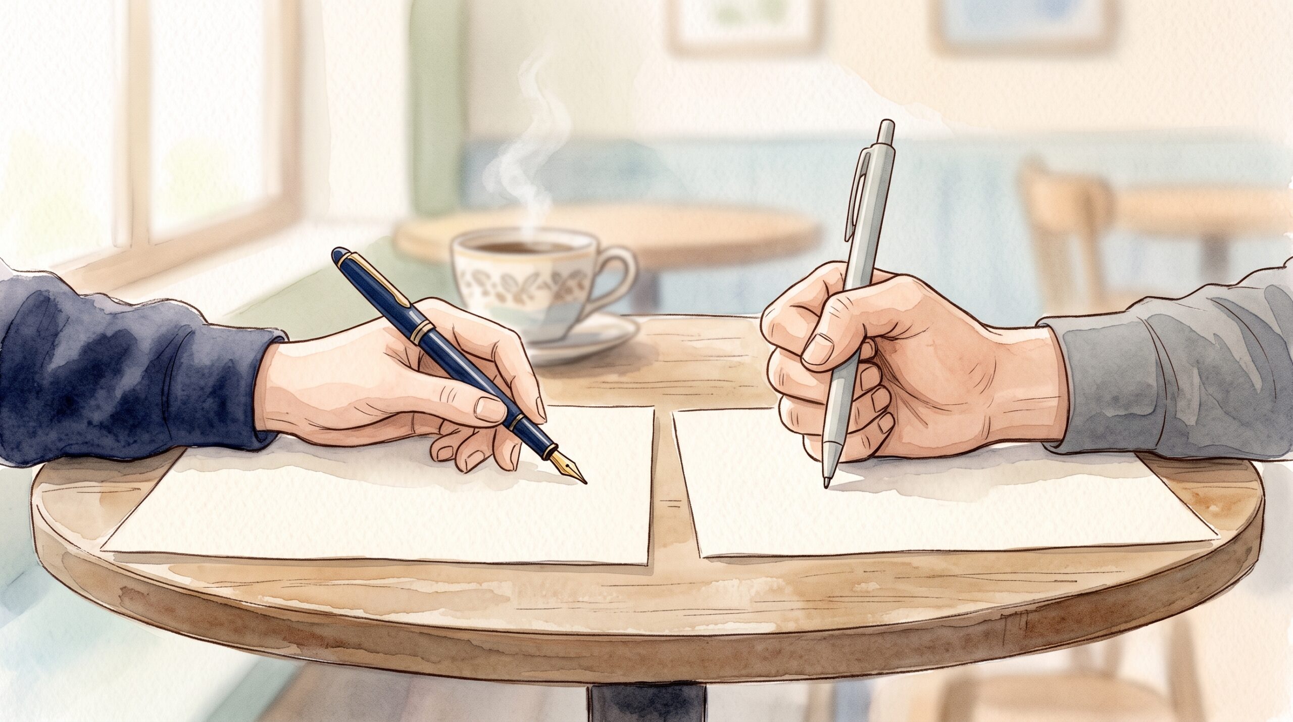 万年筆とボールペンをそれぞれ持つ手を並べて筆圧の違いを示したイラスト