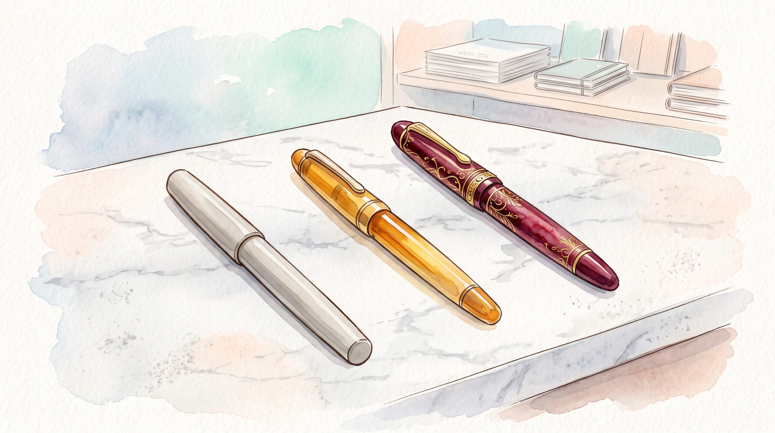 素材やデザインの異なる3本の万年筆を価格帯順に並べたイラスト