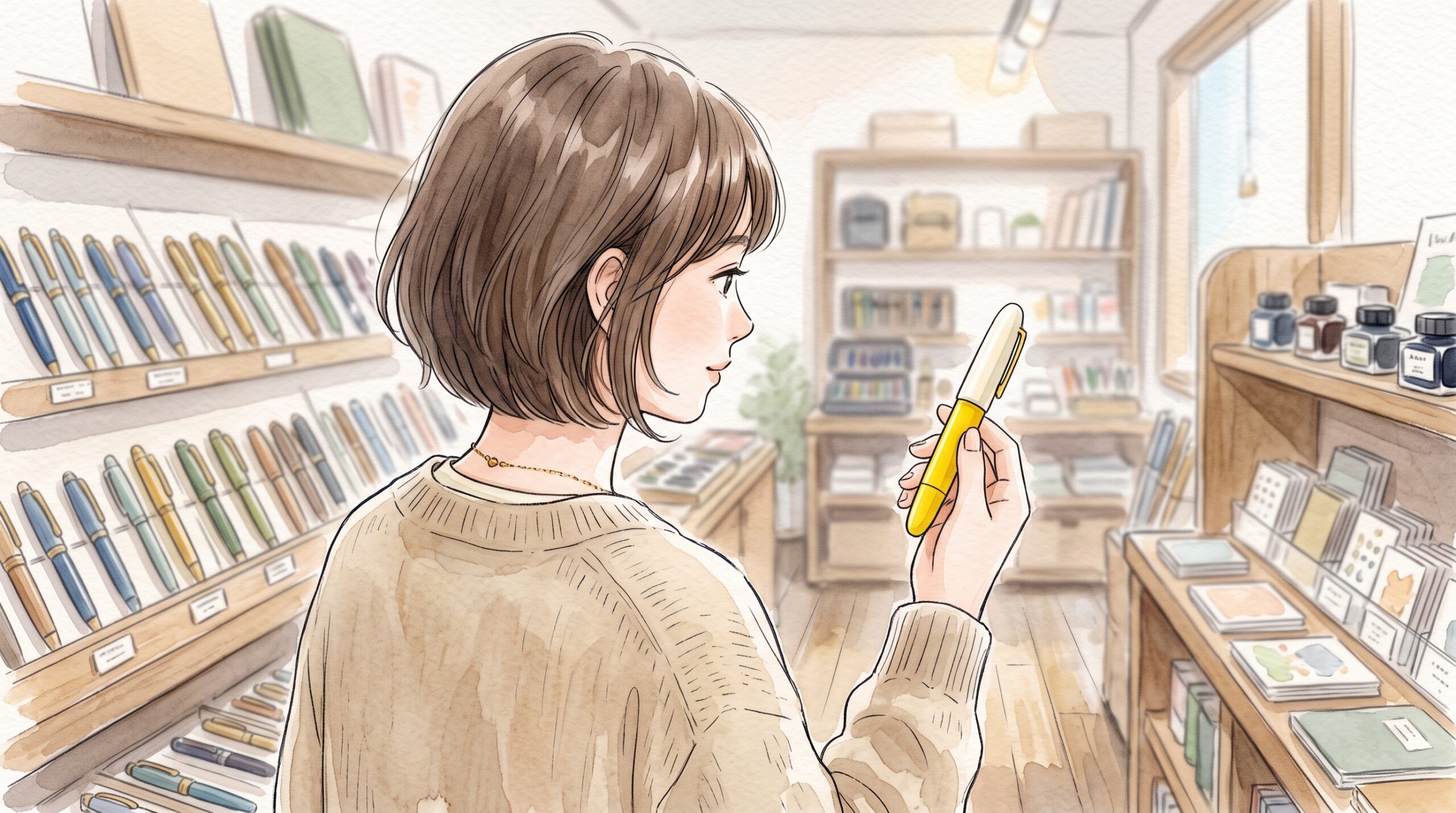 文具店の陳列棚の前で黄色い入門用万年筆を手に取る人物
