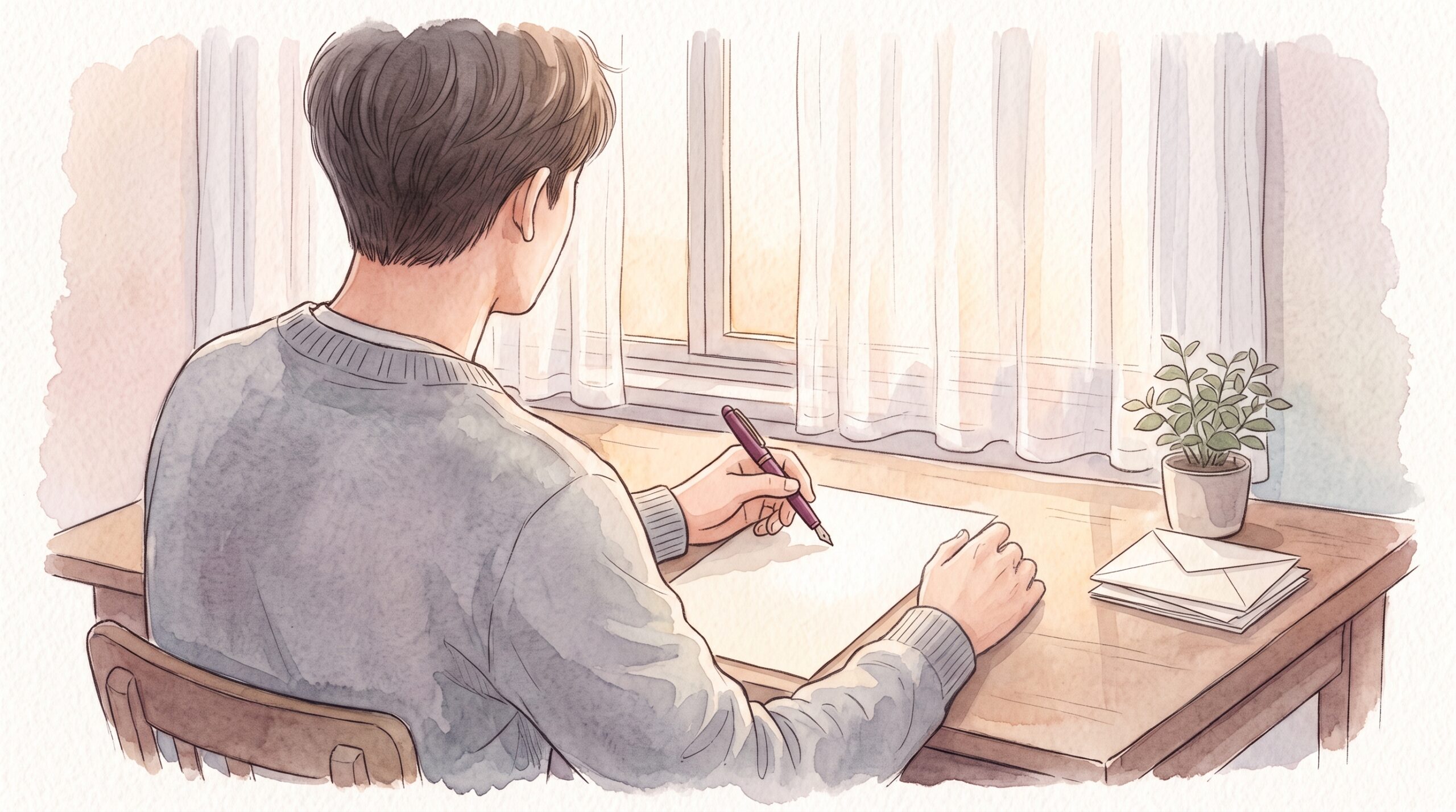 窓際の机で万年筆を使って手紙を書いている後ろ姿