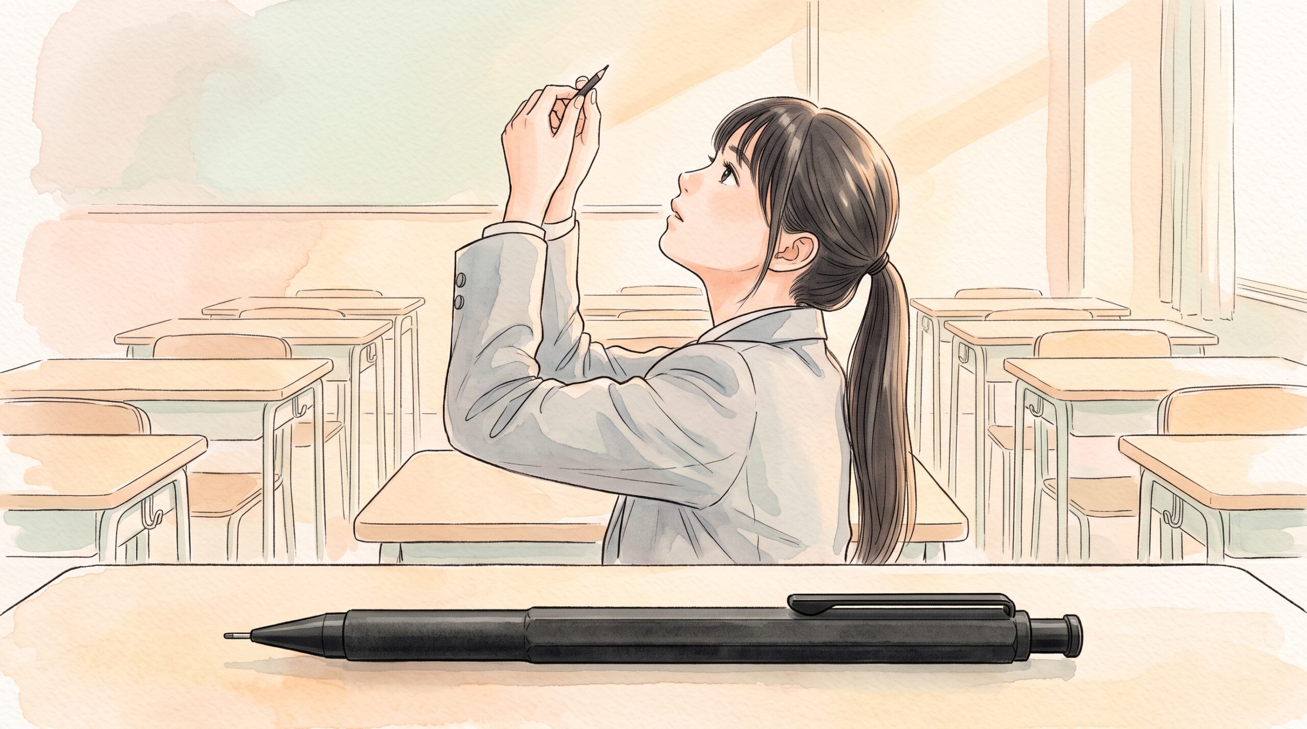 放課後の教室でアオリ気味に見上げた、指先で極端に短くなったシャープ芯をつまむ女子学生と机上のシャープペン