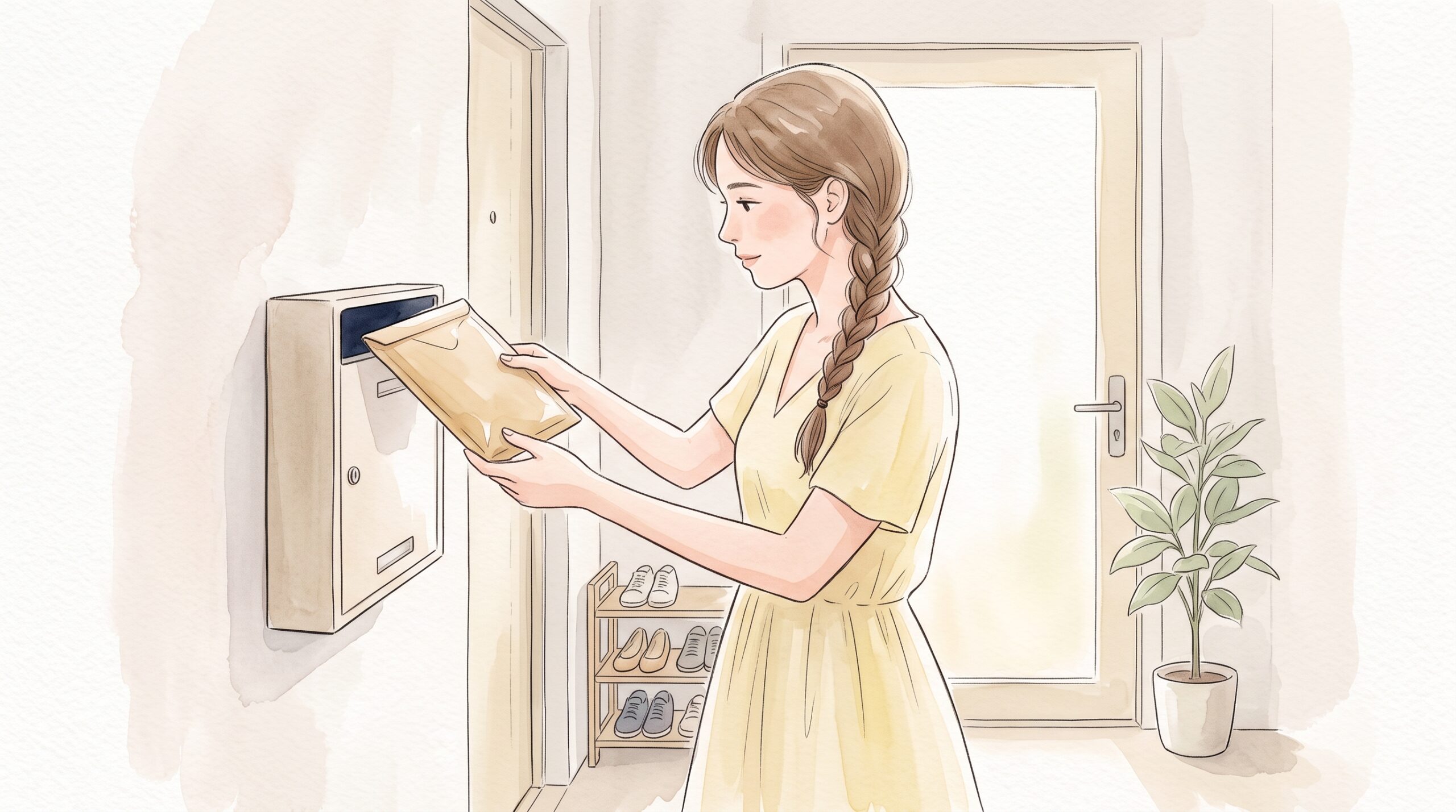玄関の郵便受けから、定形外郵便で届いた小さなクッション封筒を受け取っている女性の手元