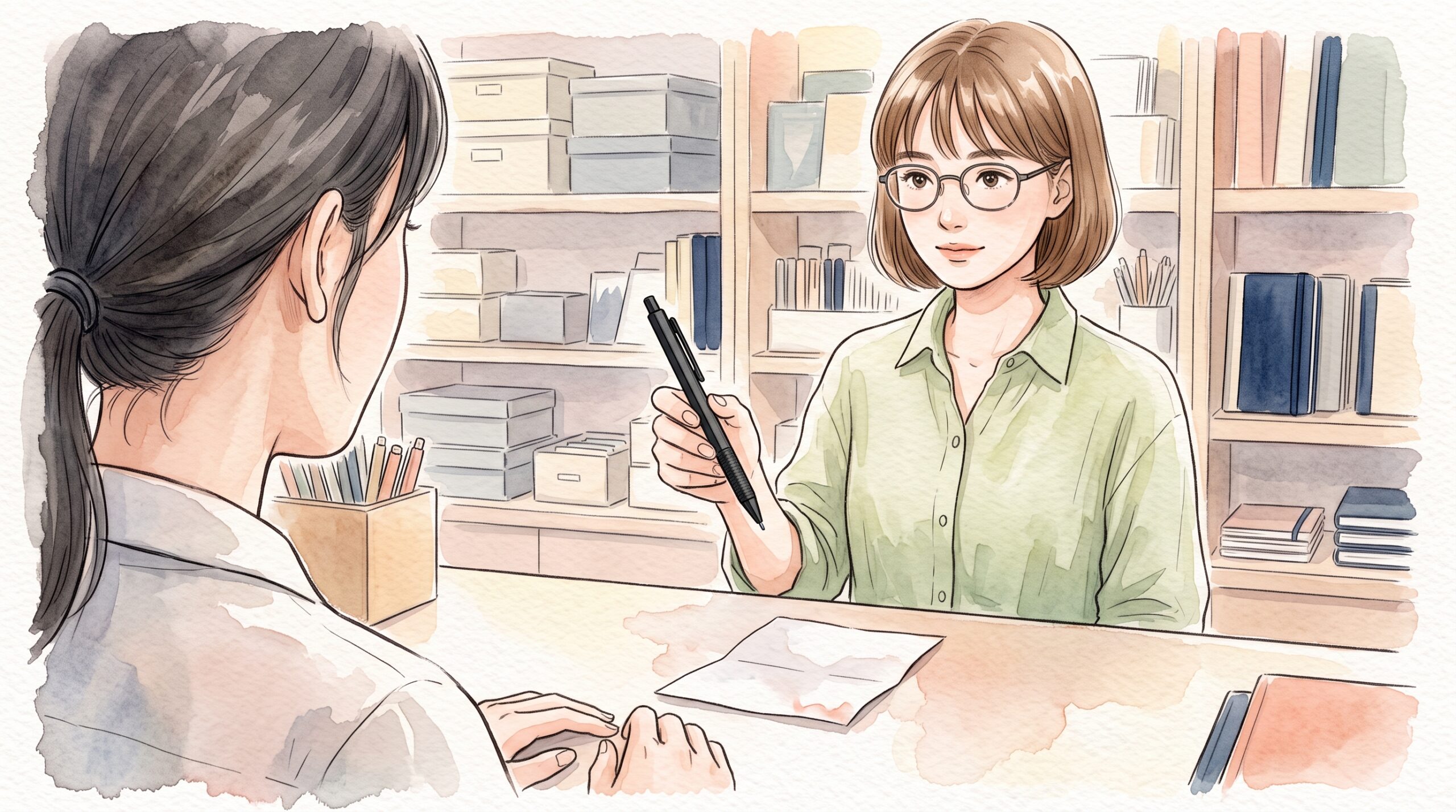 文具店のカウンター越しに、マットブラックのシャープペンを店員に見せて相談している眼鏡の女性客