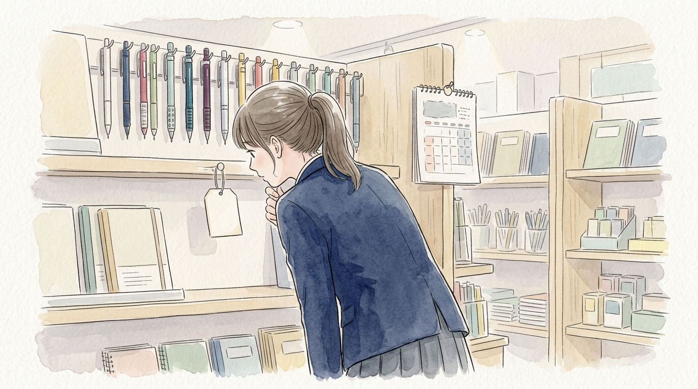 文具店の陳列棚で値札を確認する制服姿の学生の後ろ姿