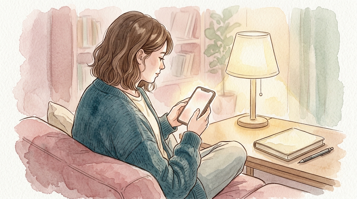 リビングのソファ横でスマートフォンを見る20代女性の後ろ姿
