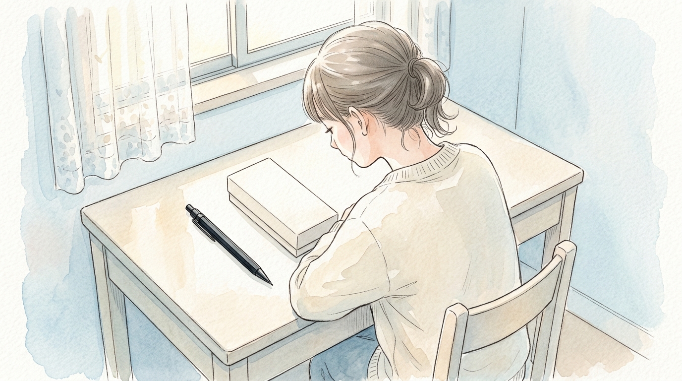 学習机で通常品と限定セットの箱を見比べる学生の後ろ姿