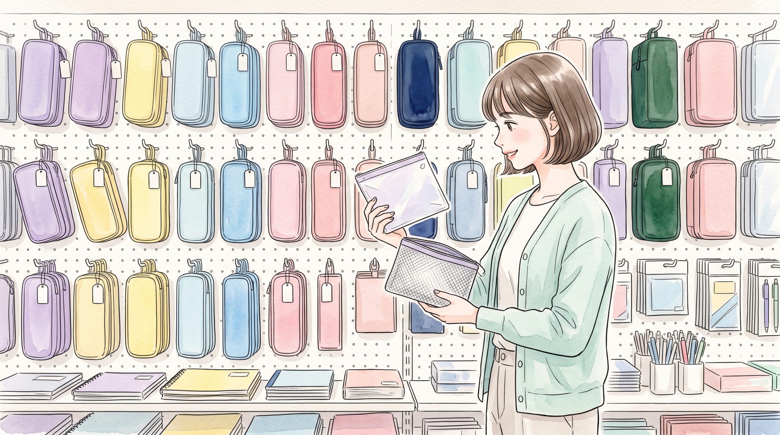 雑貨店の文具売り場で、壁に並ぶたくさんのペンケースから2つを手に取って見比べる女性