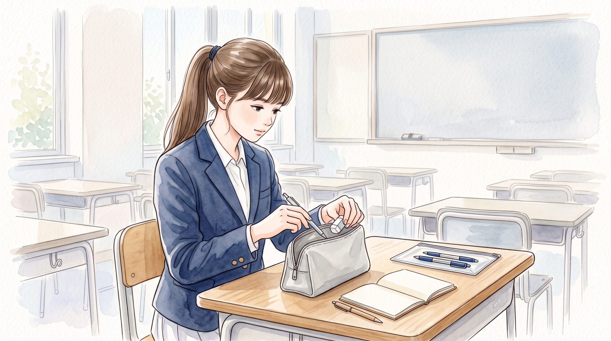 教室の机でマチ付きのペンケースに文房具を入れる学生と、横に置かれた薄いポーチ