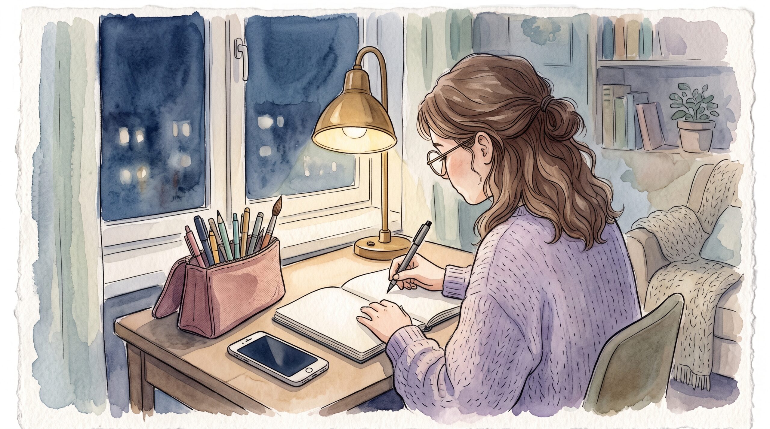 夜の小さな机で、立てて置いたペンケースをペン立て代わりにしてノートを書く女性