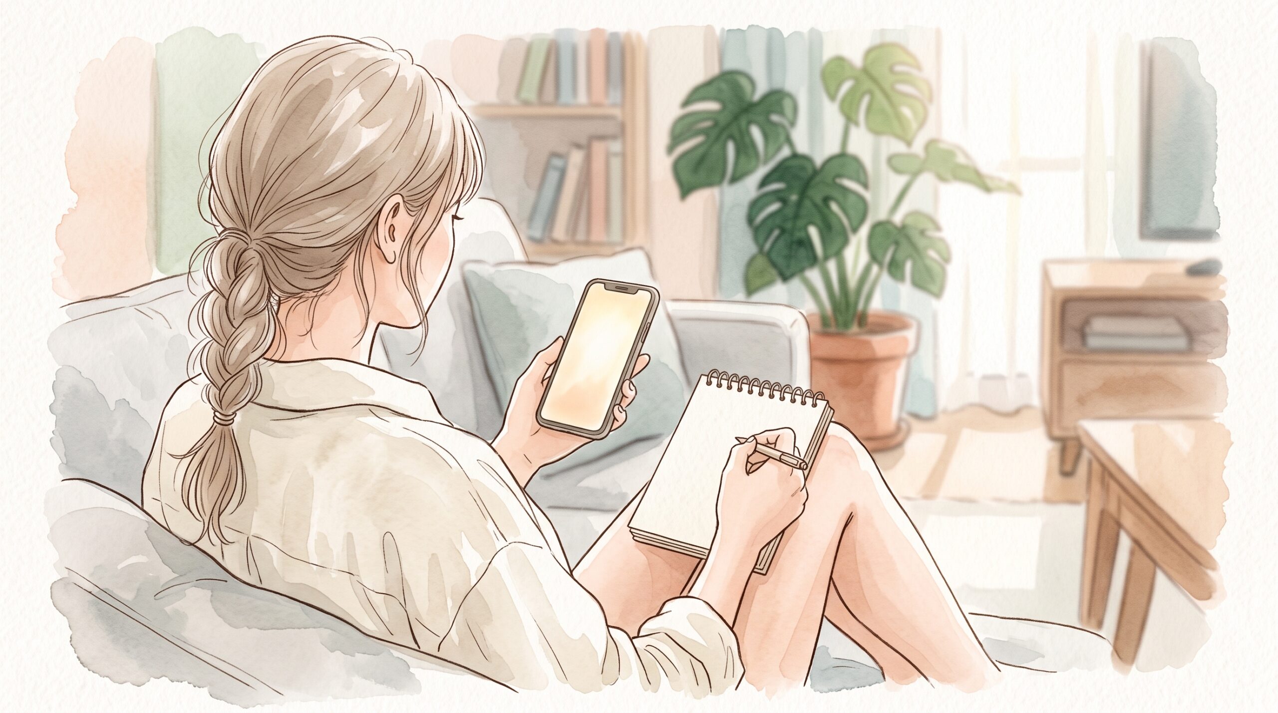 リビングのソファでスマホを手に、膝の上のメモ帳に書き込む女性の肩越しの様子