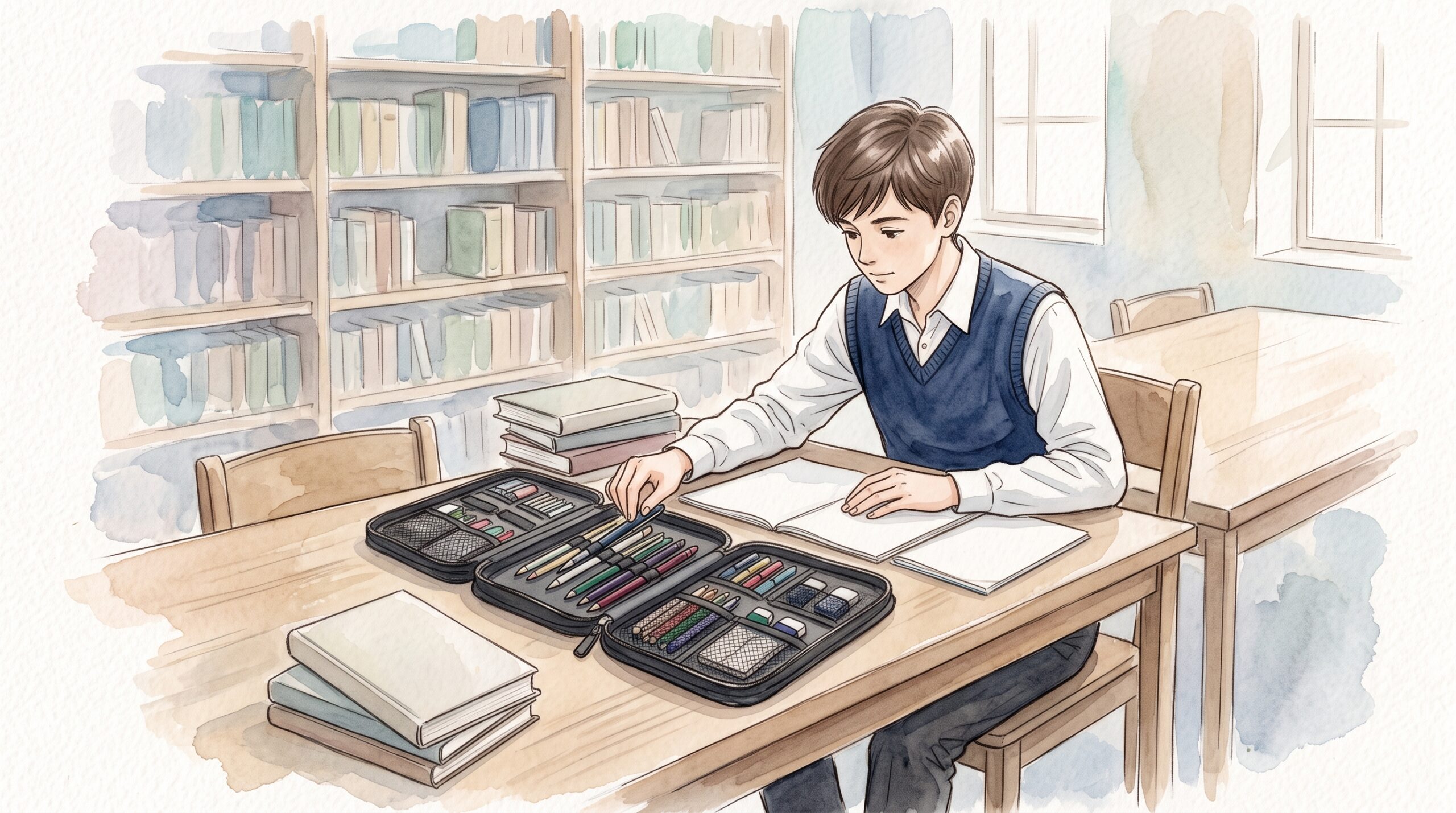 図書室の机で、トレーのように大きく開いたペンケースからペンを1本取り出す学生