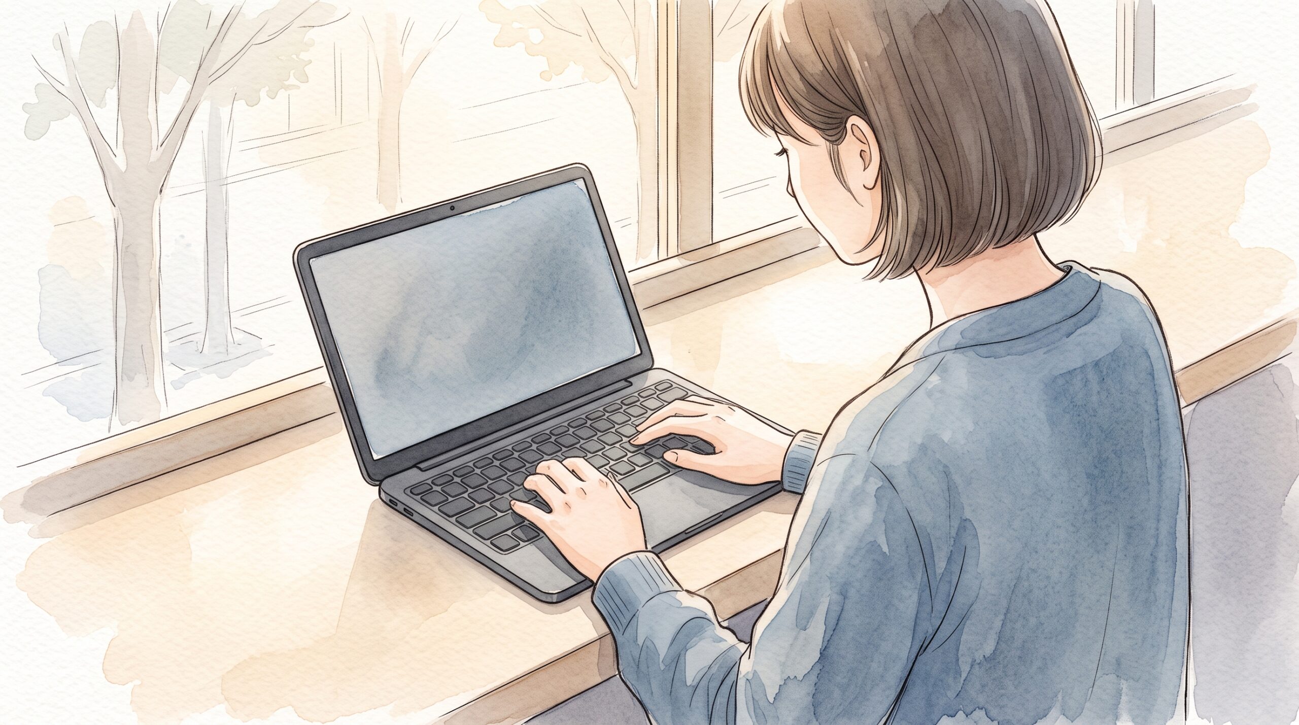 カフェの窓際で、肩越しに写る女性が濃いグレーのデジタルメモを開いて操作している様子