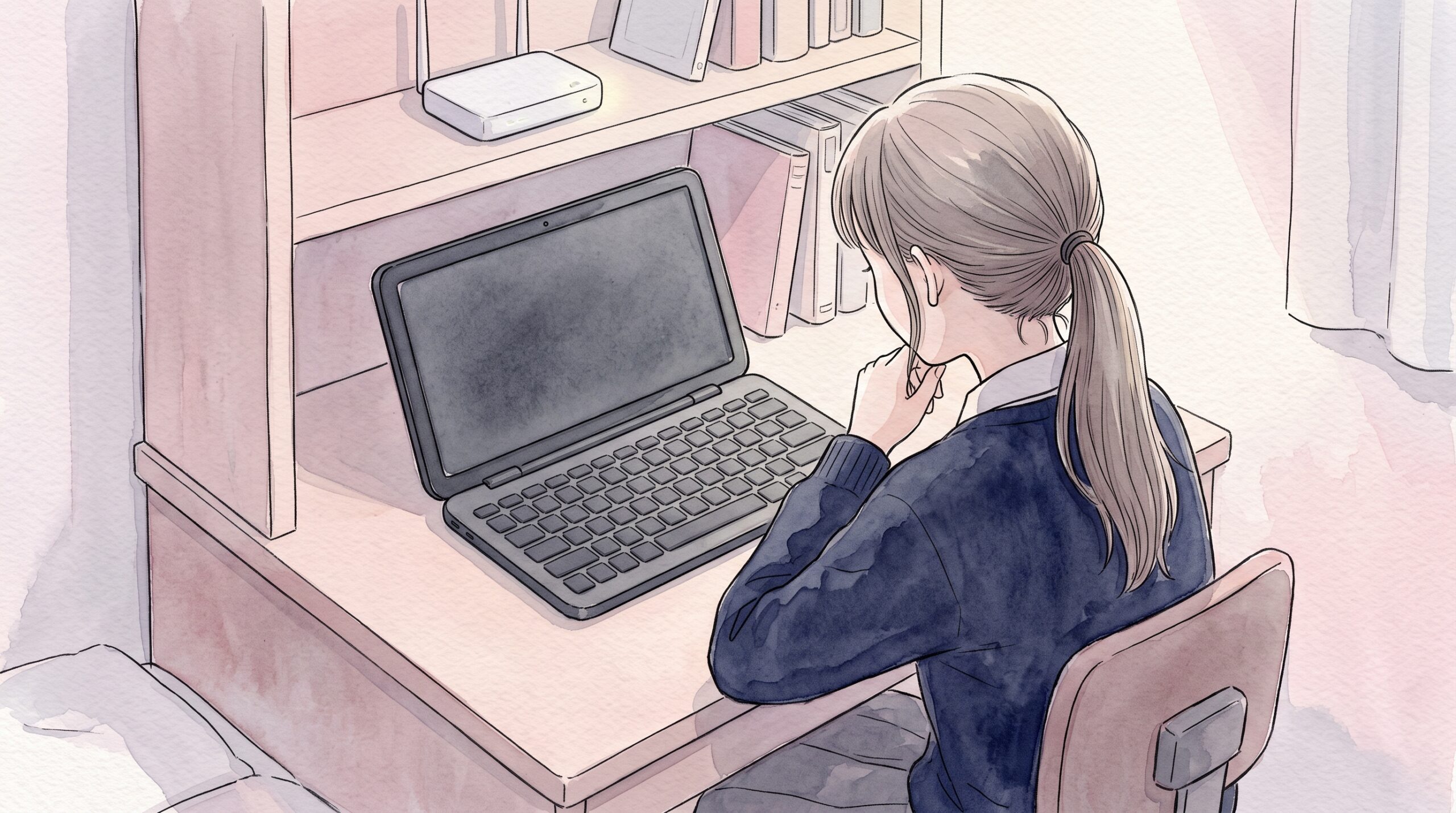 自室の学習机で、後ろ姿の学生が濃いグレーのデジタルメモに向かい、棚には無線ルーターが置かれている様子